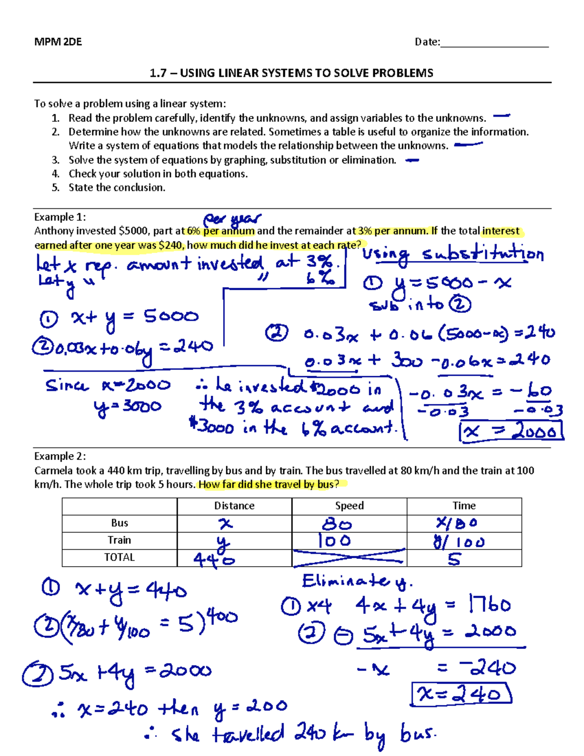 Linear Systems Problem Solving - MPM 2DE Worksheet 1.7 - MPM 2DE Date