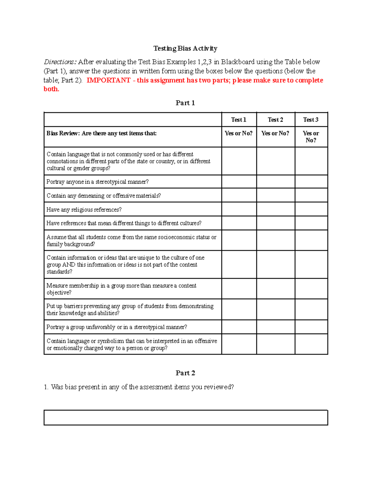 Test Bias Activity Directions Worksheet for Class Analysis - Studocu