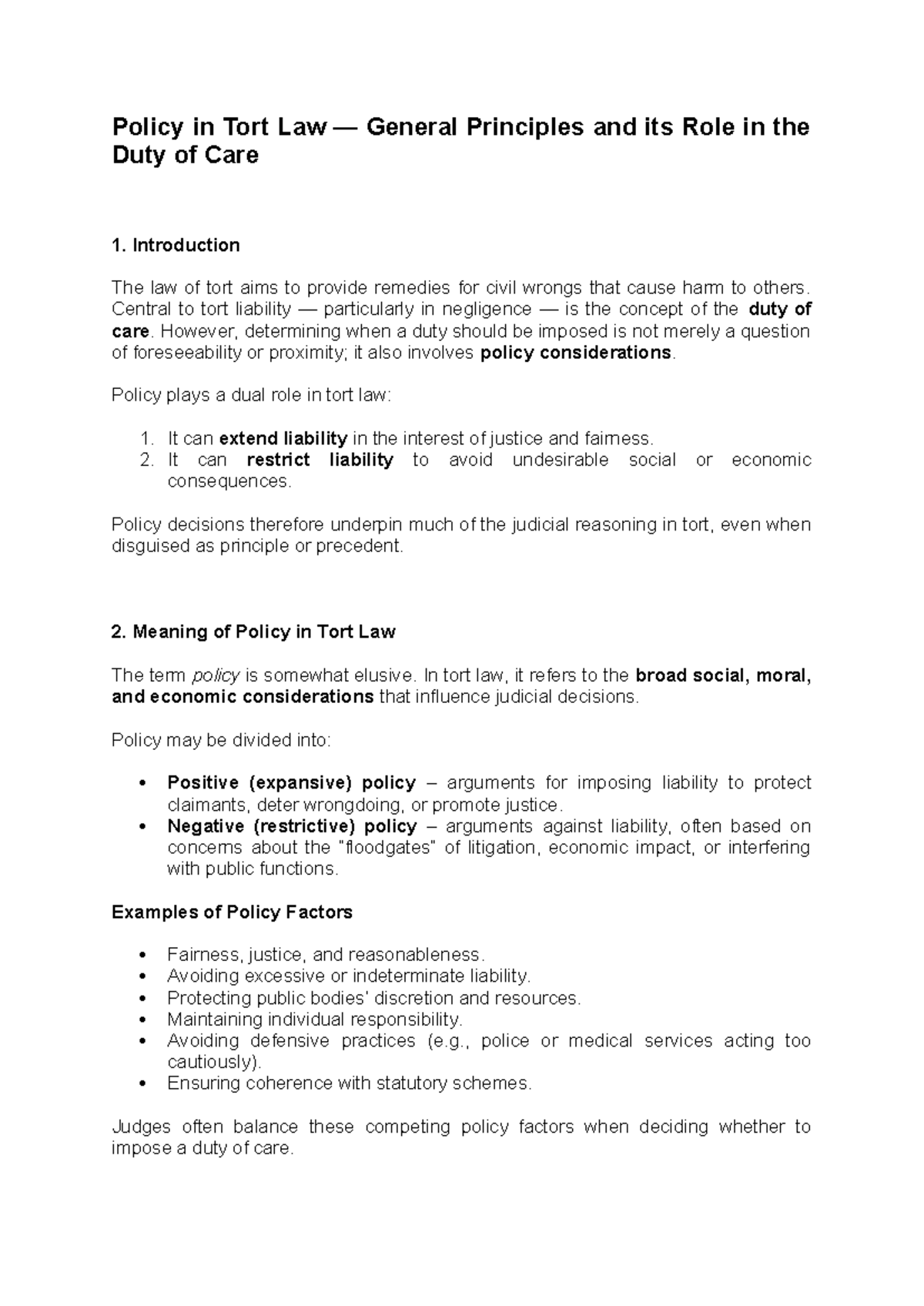 Policy in Tort Law: General Principles and Duty of Care Analysis - Studocu