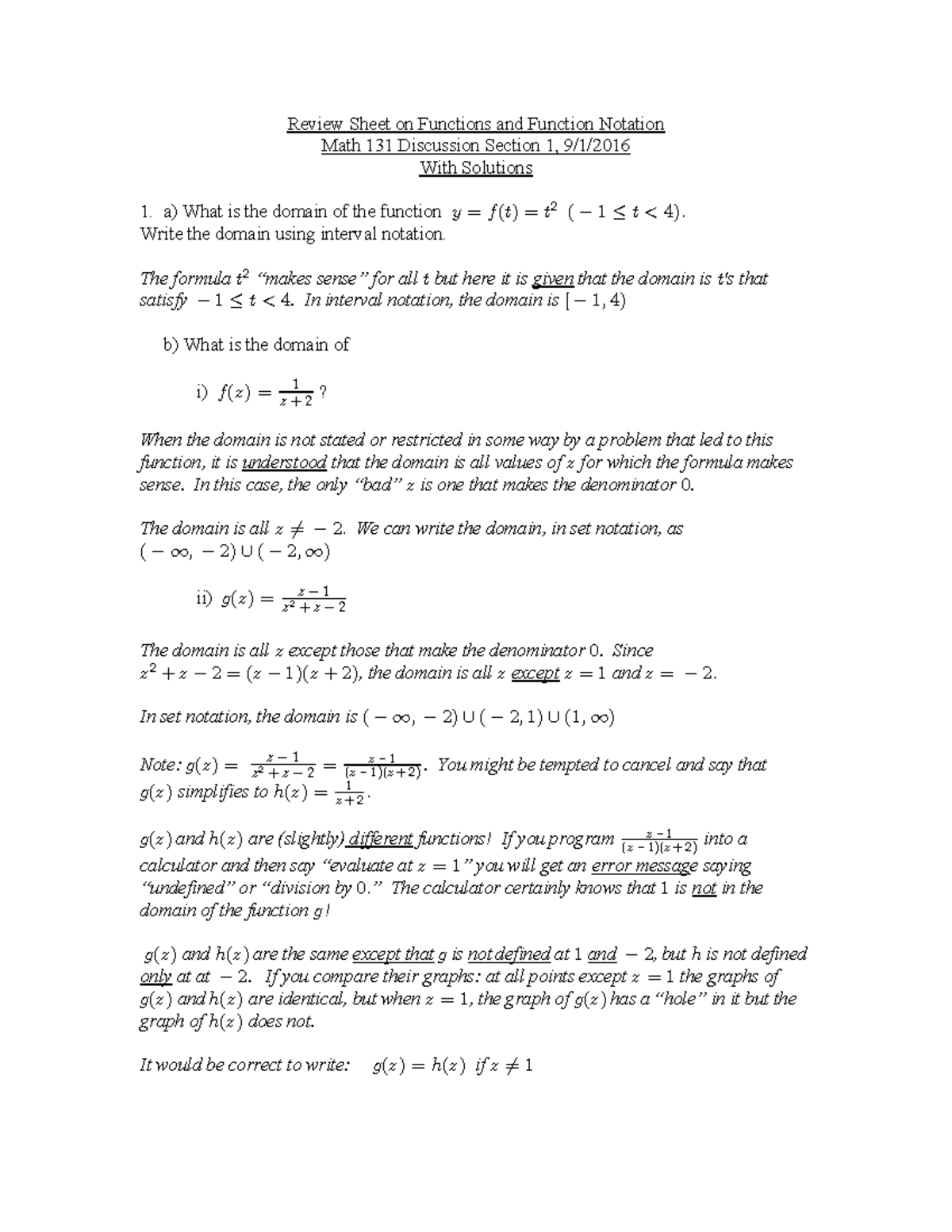 Fall 2016 Discussion Questions - Review Sheet on Functions and Function ...