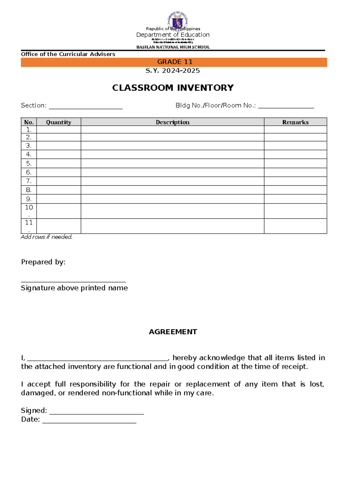 Inventory Sheet - Republic of the Philippines Department of Education ...