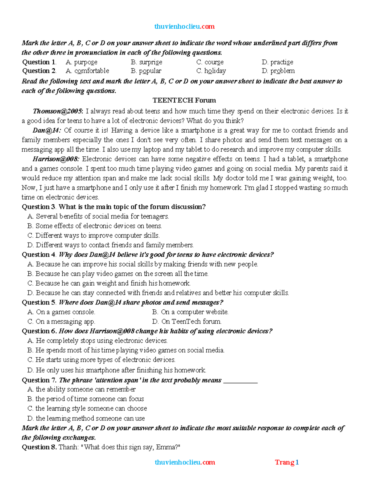 De 8 - Listening and Reading Comprehension Practice - Studocu