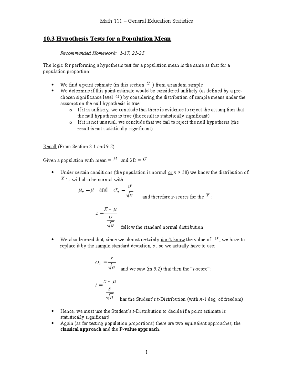 Hypothesis Testing for Population Means - Math 111 Statistics - 10 ...
