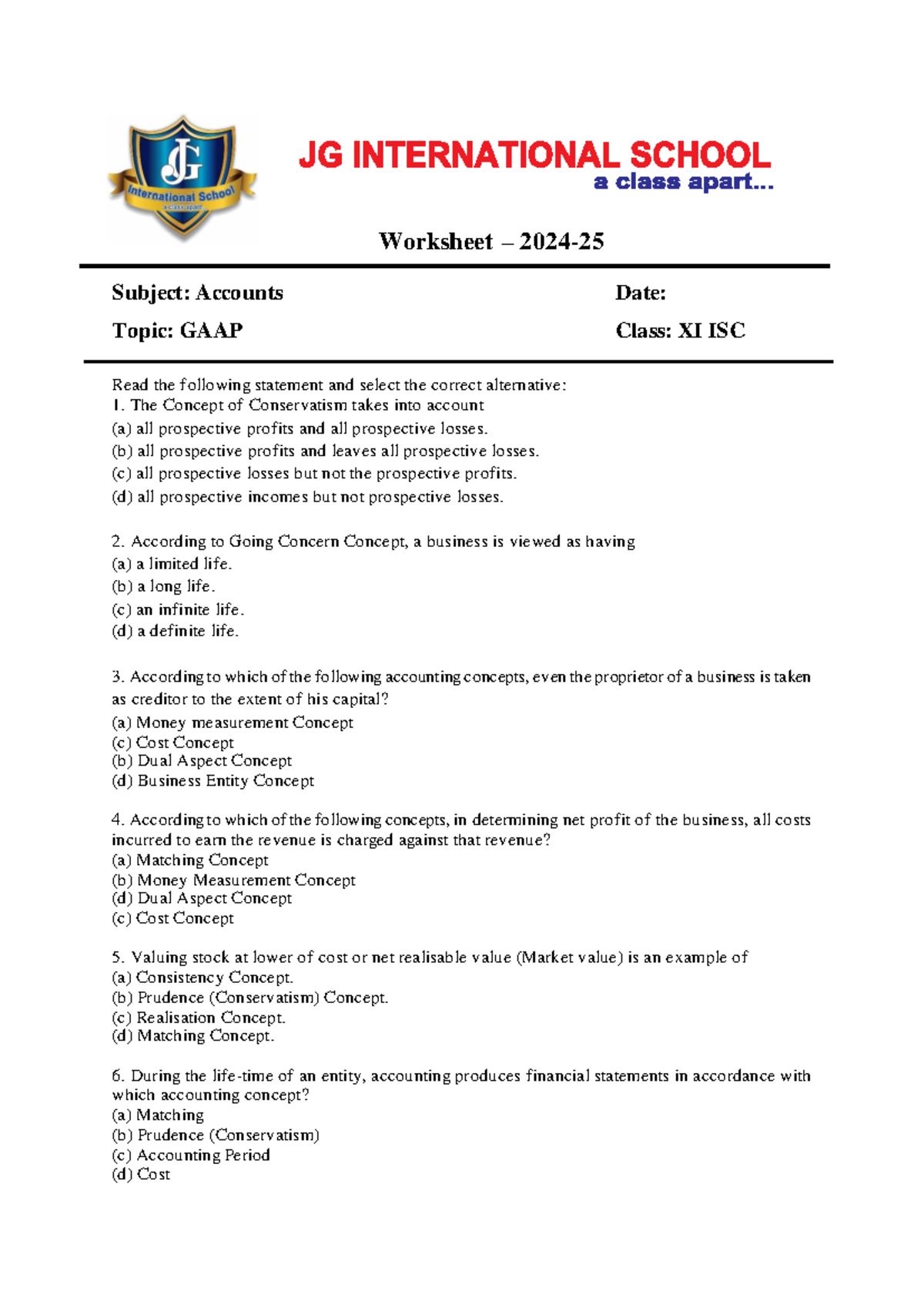 Ch 3 - GAAP Worksheet for Class XI ISC - Studocu