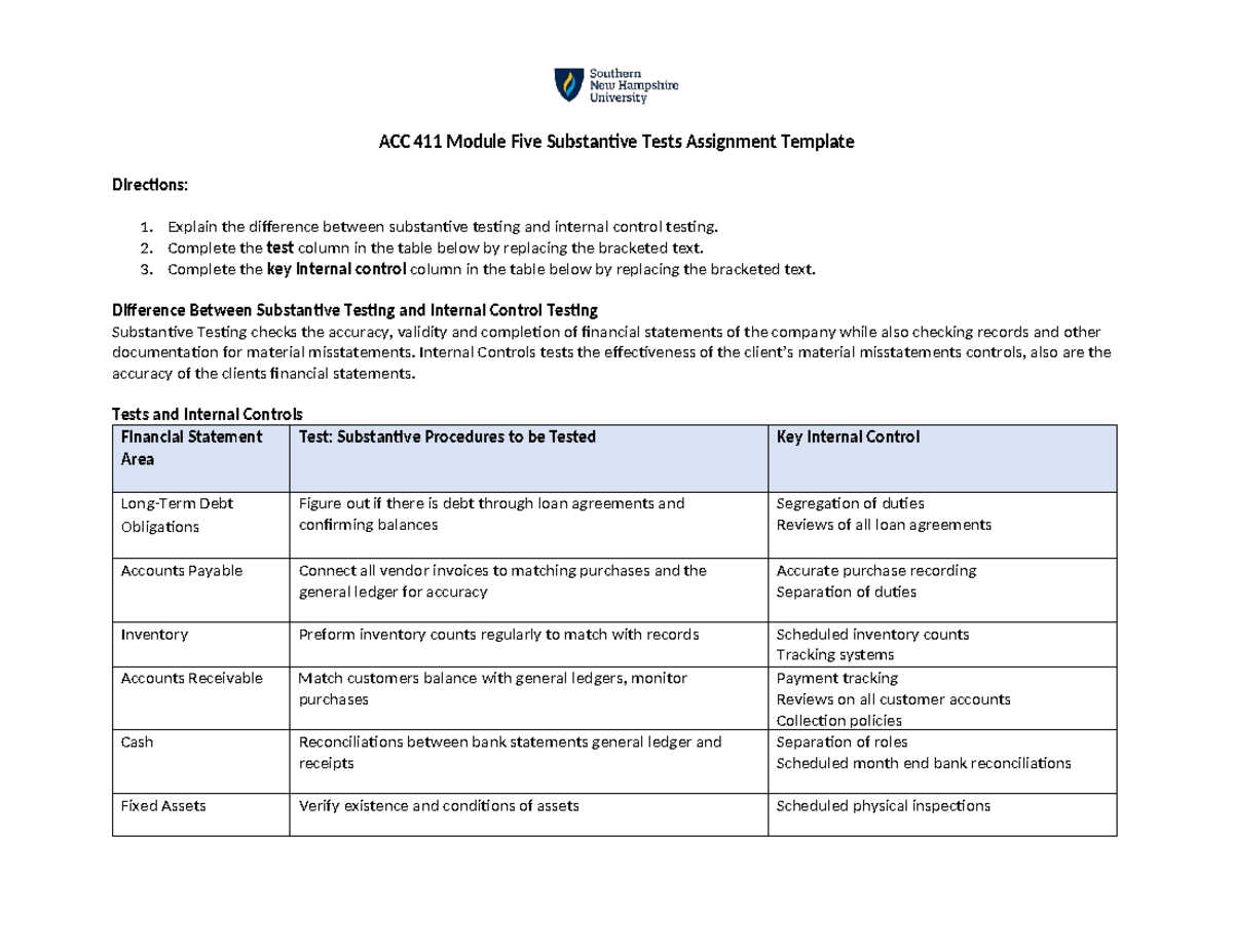 ACC 411 Module 5 Substantive vs. Internal Control Testing Guide - Studocu