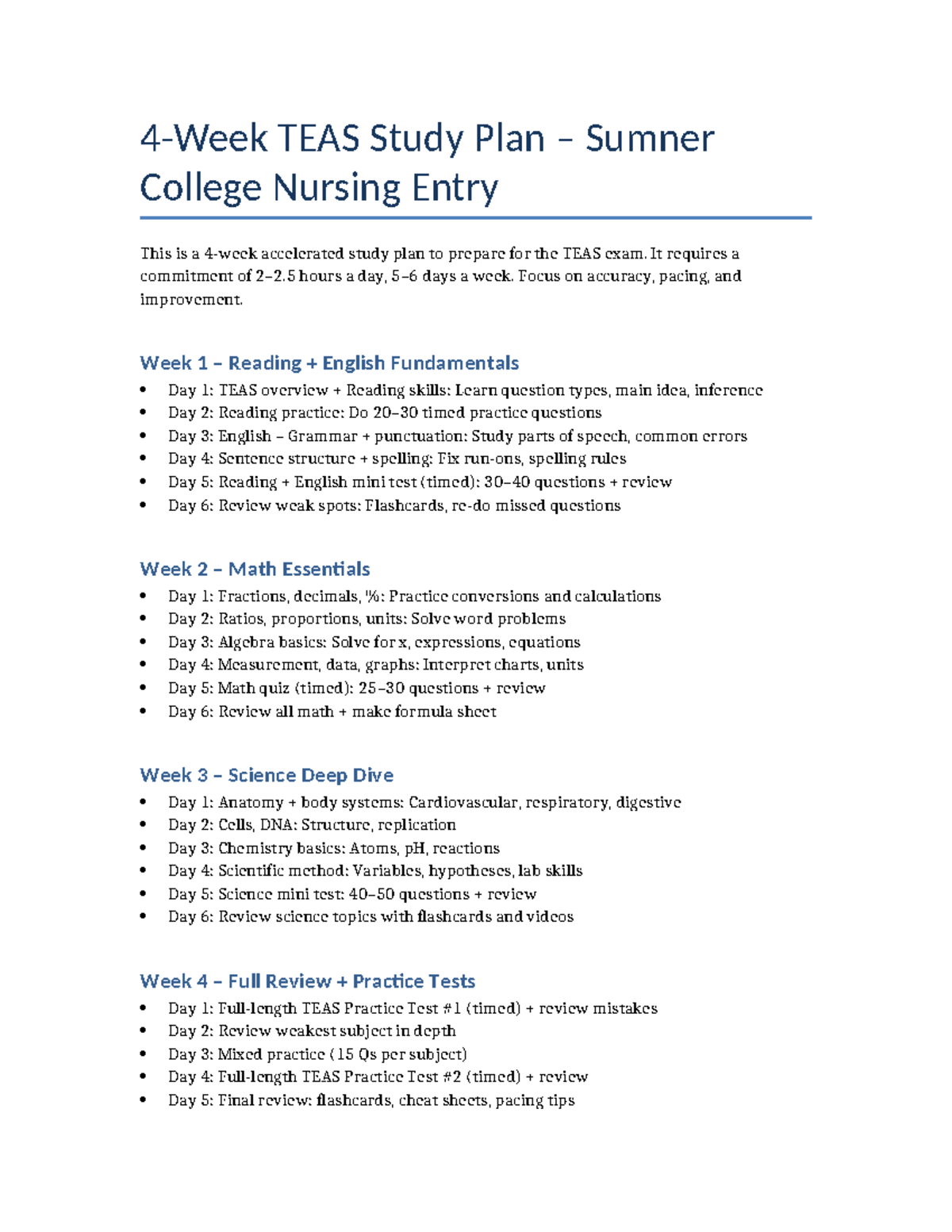 4-Week TEAS Study Plan for Nursing Entry (Sumner College) - Studocu