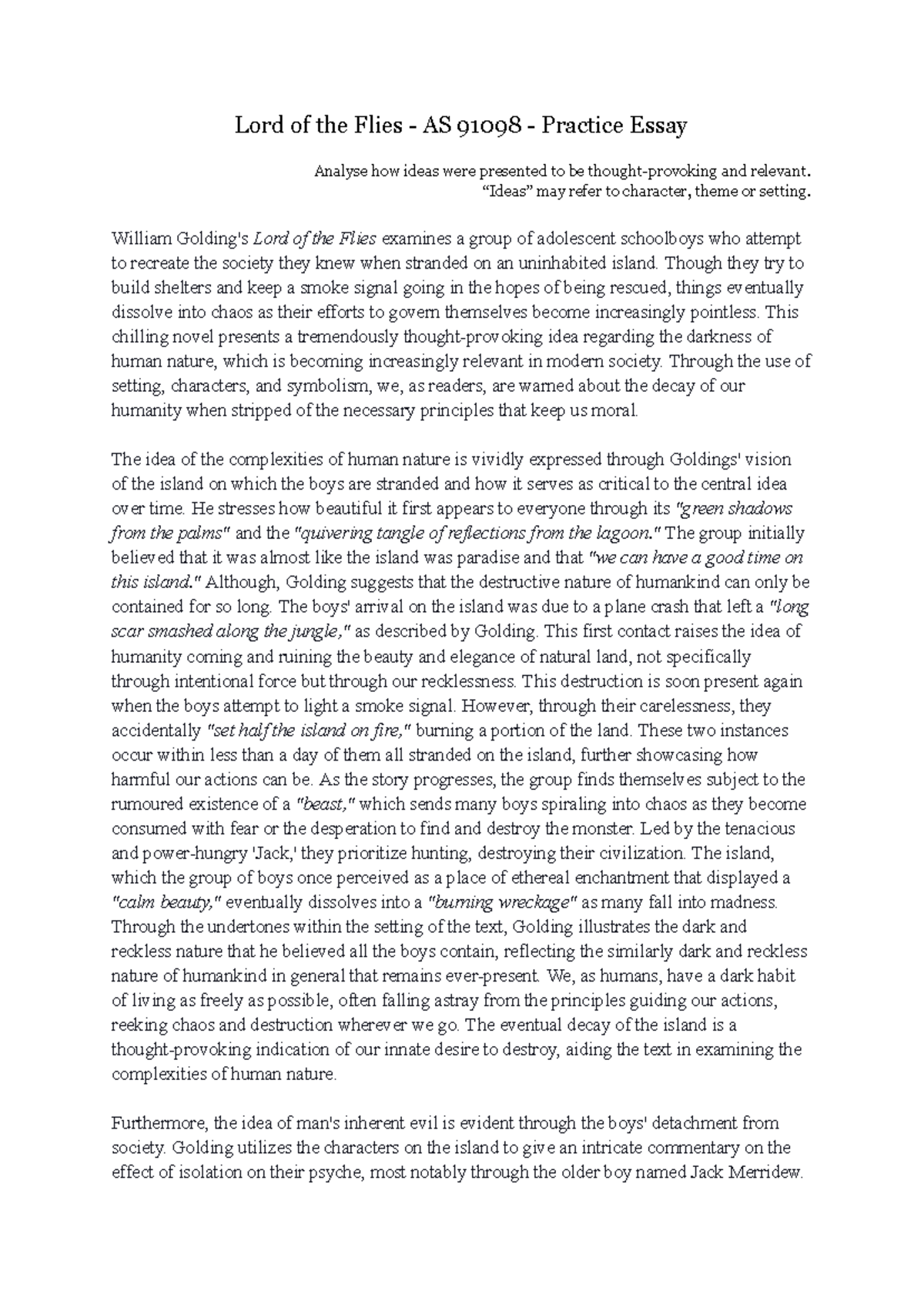 Lord of the Flies - AS 91098 - Thought-Provoking Essay Analysis - Studocu