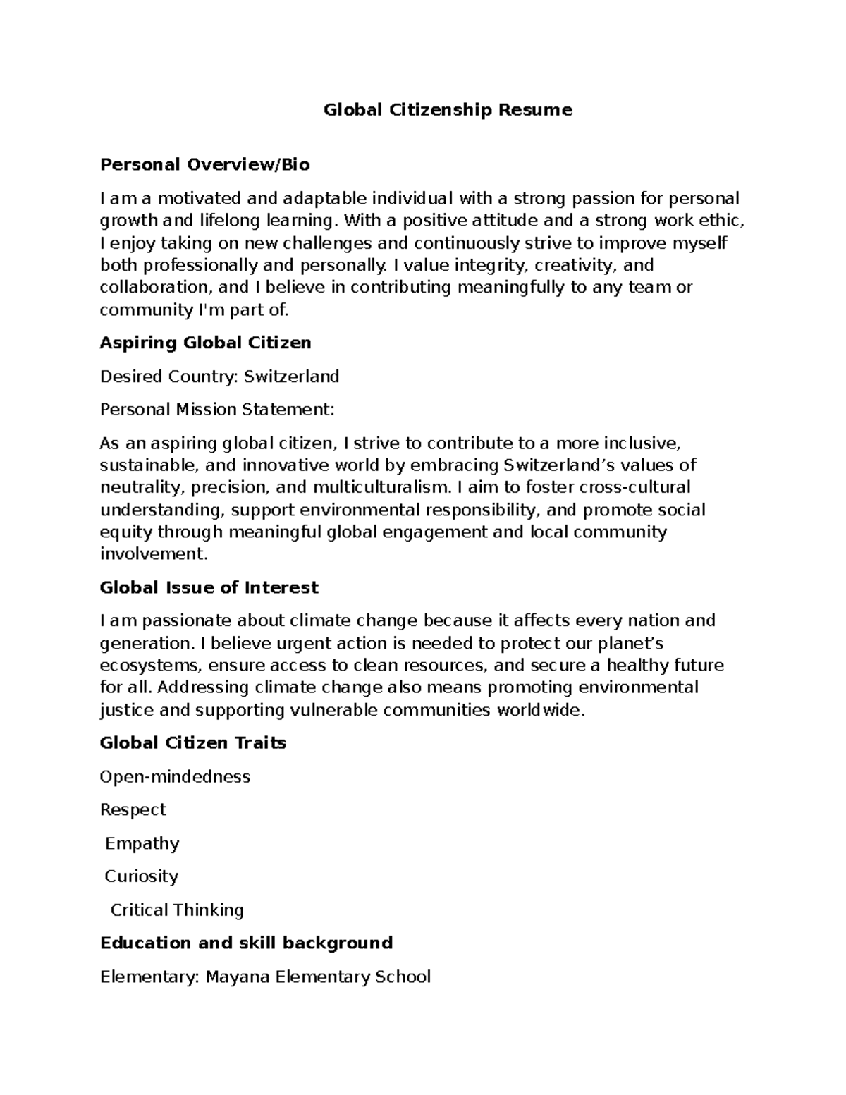 Global Citizenship Resume: Aspiring Global Citizen for Switzerland ...