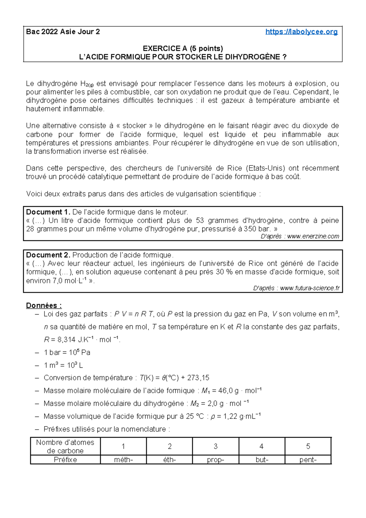 2022 Asie J2 Exo A Sujet Ac Formique H2 5pts - Bac 2022 Asie Jour 2 ...
