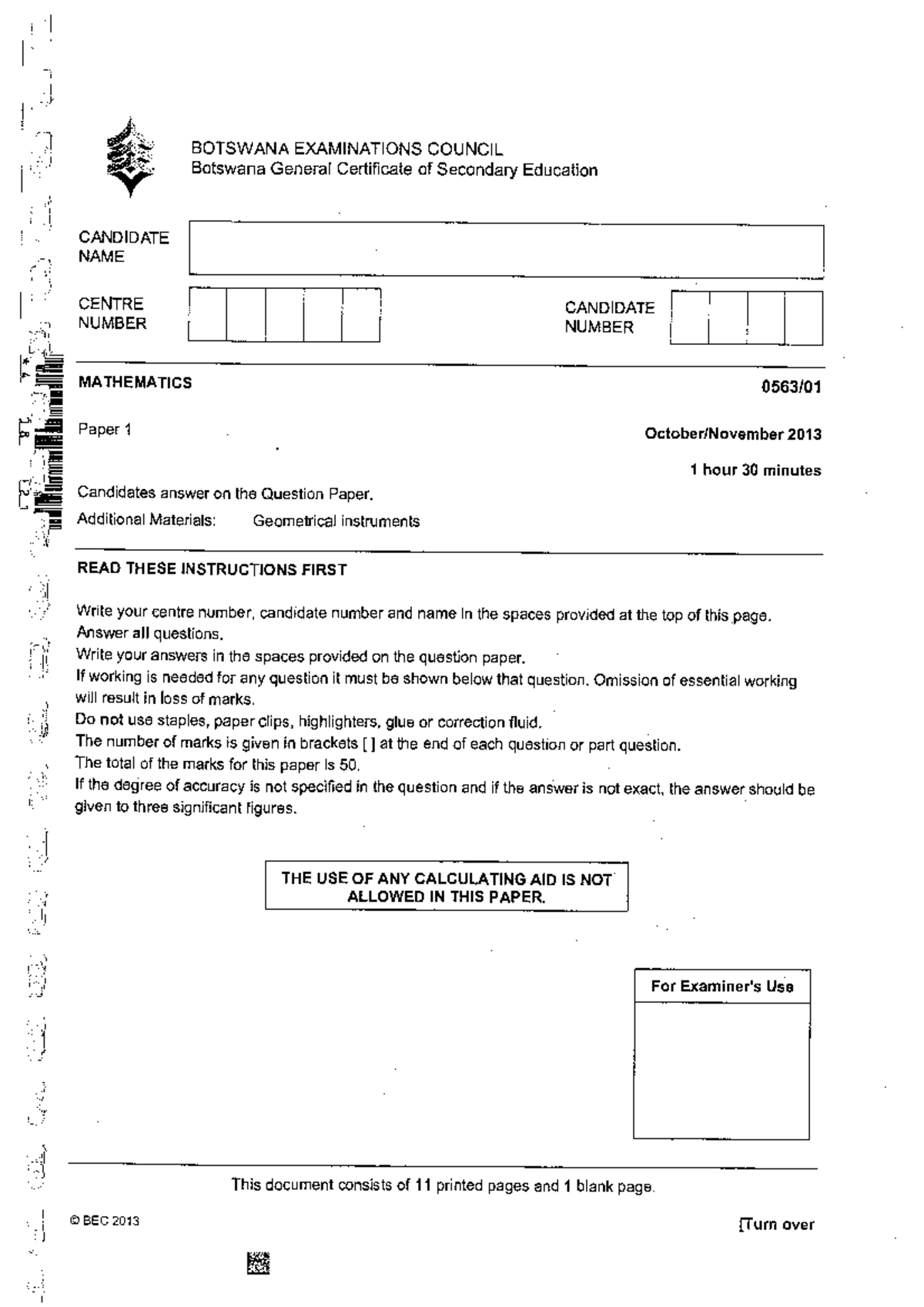 Mathematics Paper 1 BEC 2013: Exam Questions and Instructions - Studocu