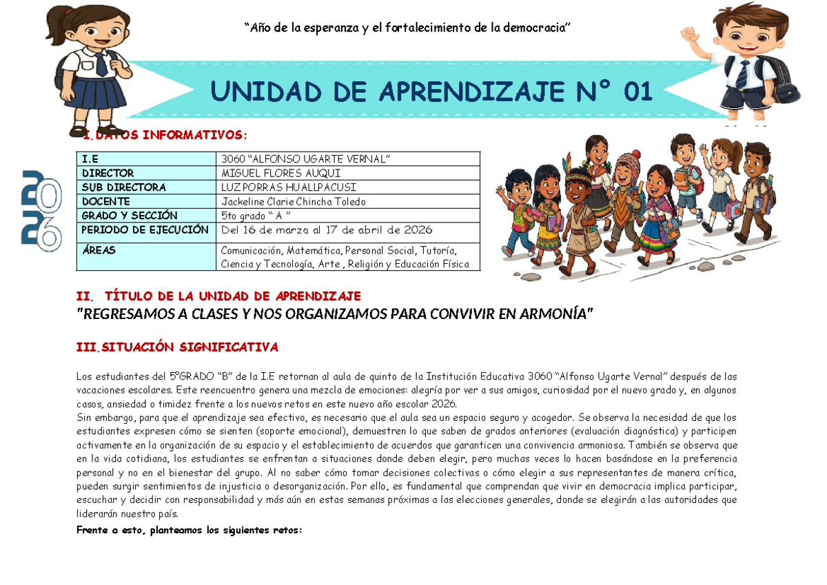Unidad de Aprendizaje 01: Clases y Convivencia en 5to Grado (2026 ...