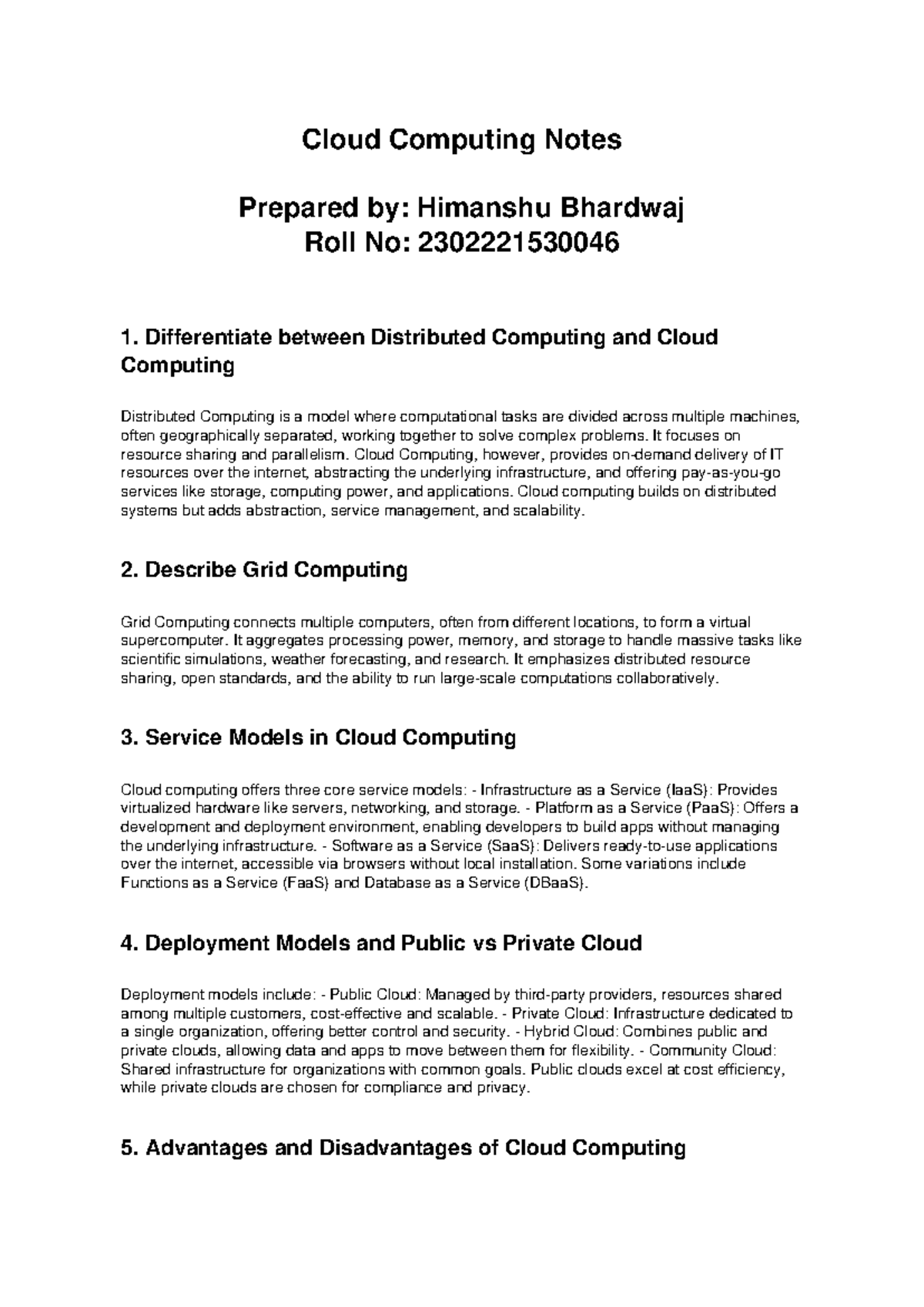 Cloud Computing Notes (CS101) - Key Concepts & Service Models - Studocu