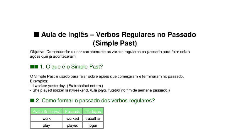 Aula de Inglês 9º Ano: Verbos Regulares no Passado (Simple Past) - Studocu
