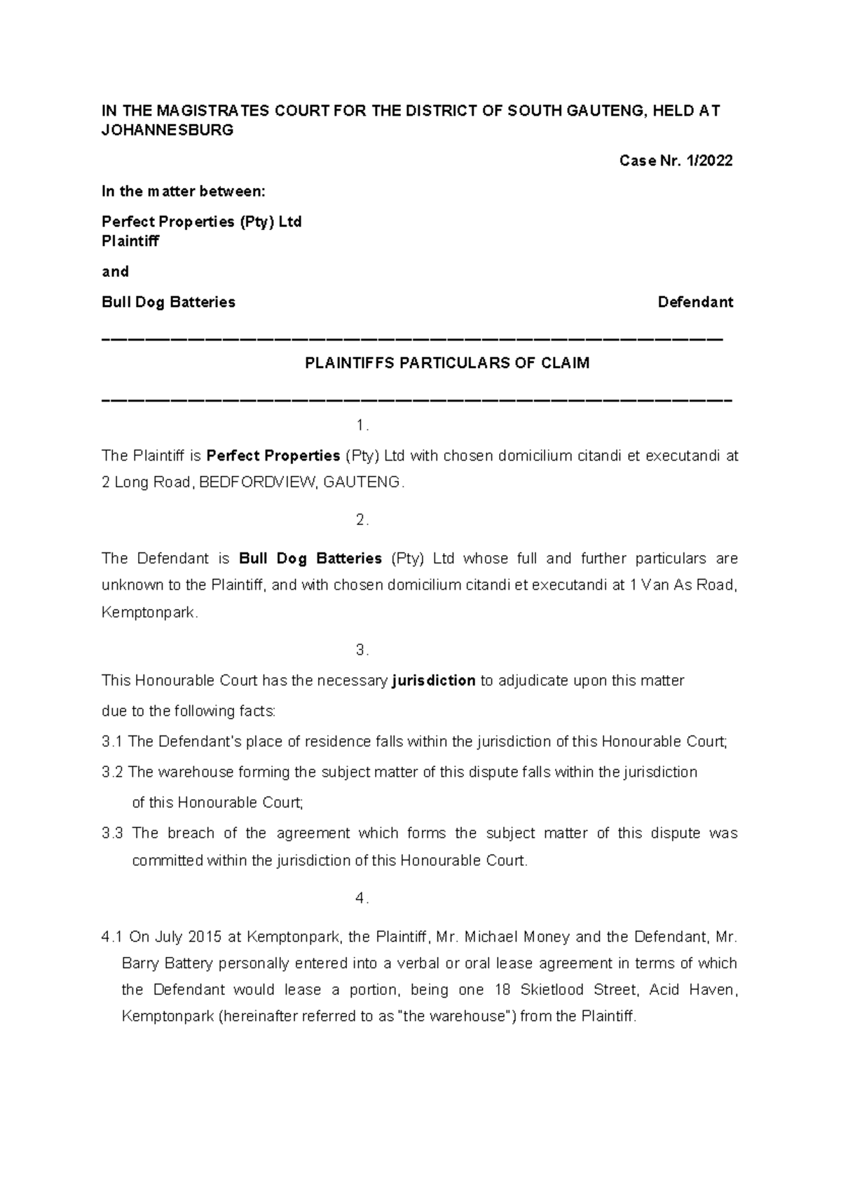 Plaintiffs Particulars OF Claim assignment - IN THE MAGISTRATES COURT ...