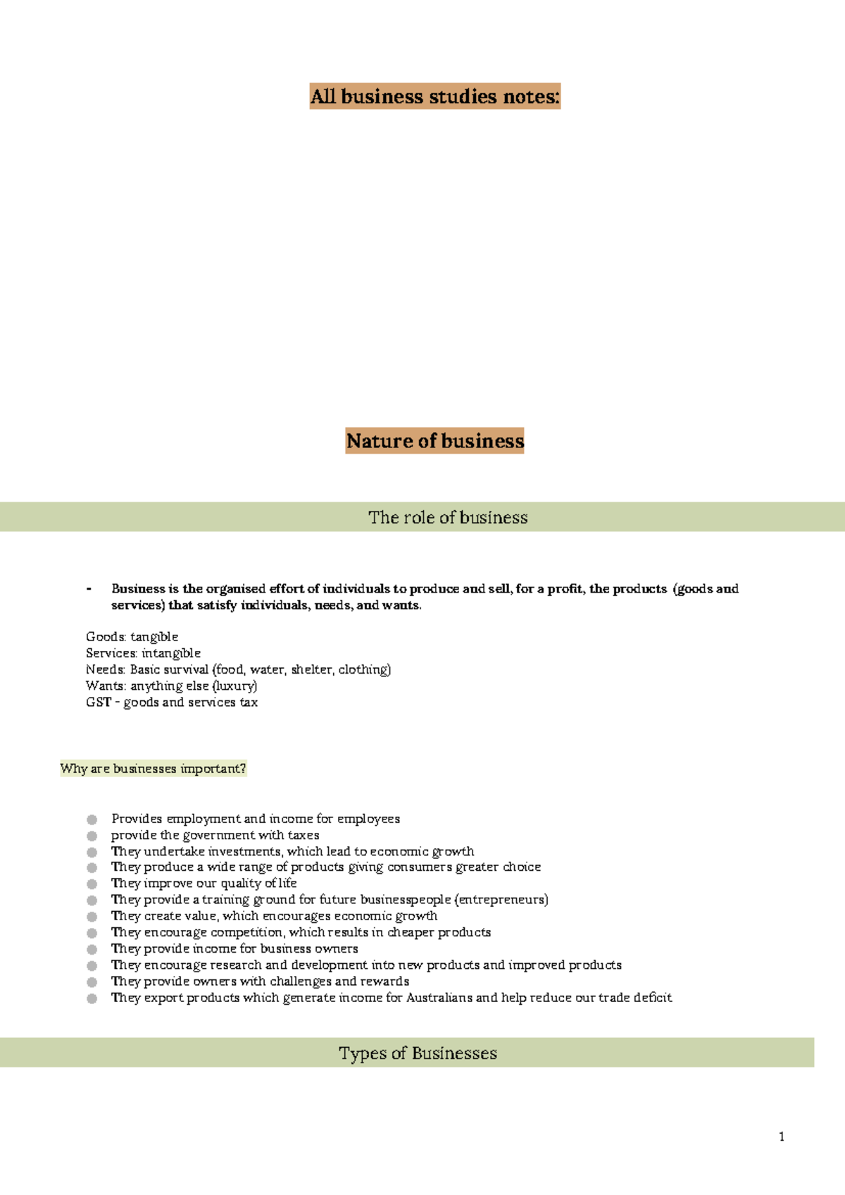 Year 11 Business Studies Notes: Nature and Role of Business - Studocu
