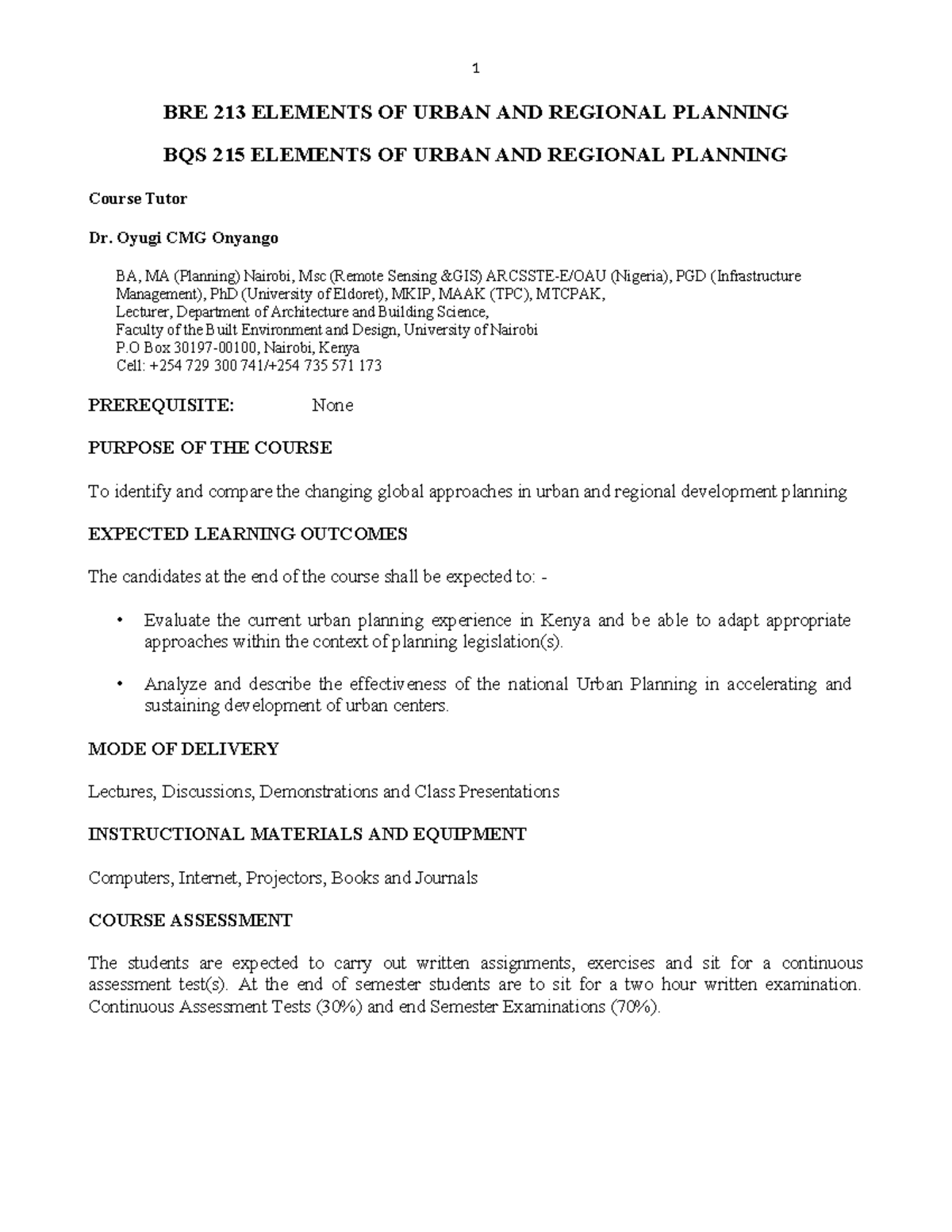 Course Outline - BRE 213 & BQS 215: Urban & Regional Planning Summary ...