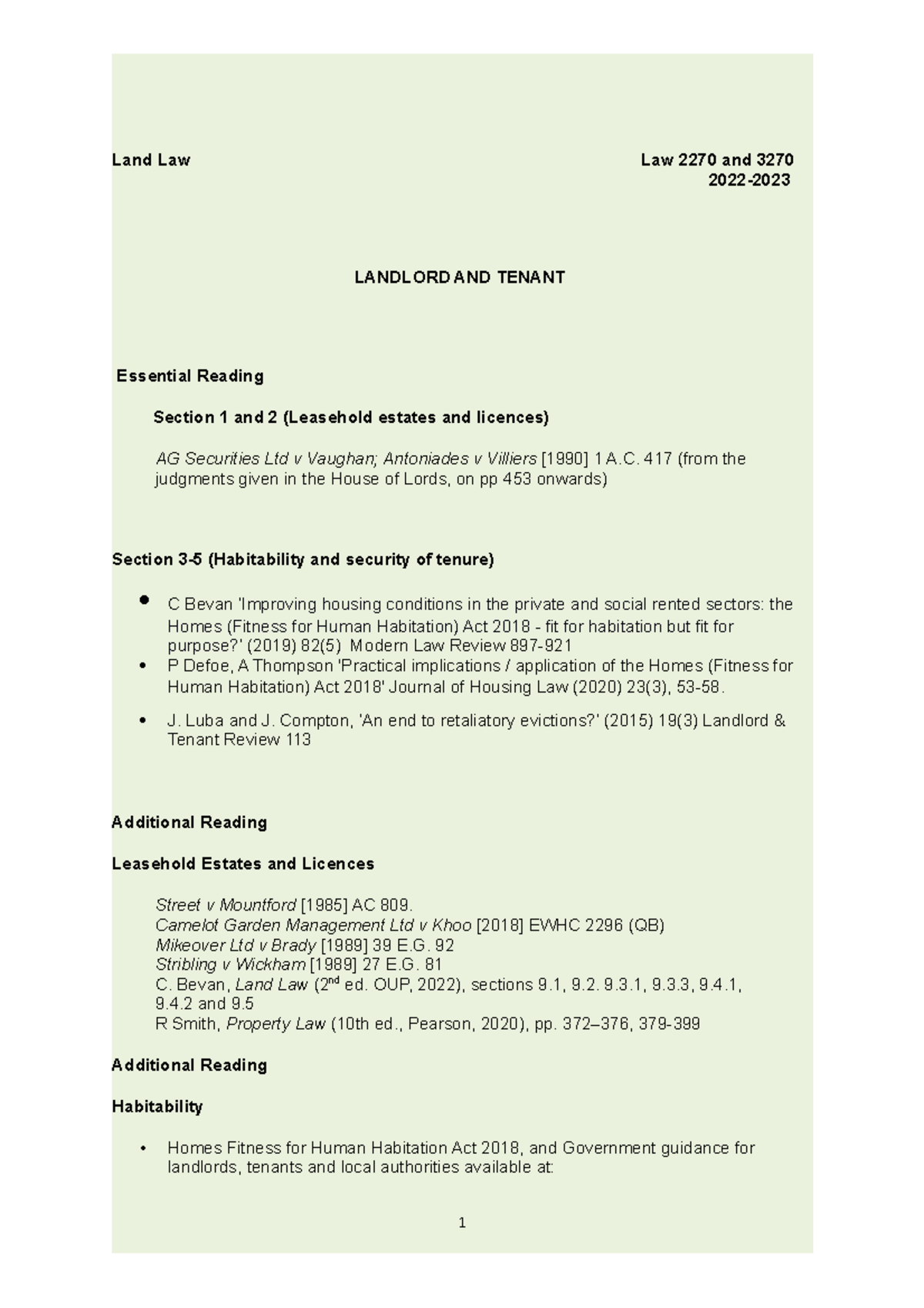 Land Law Notes for Law 2270/3270: Landlord and Tenant Overview - Studocu