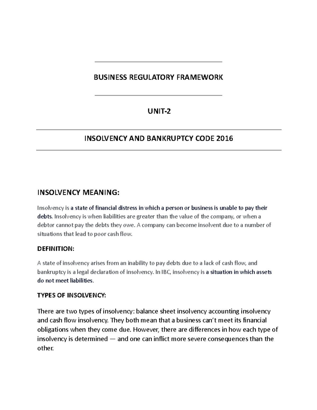 BRF chapter 2 - BRF - BUSINESS REGULATORY FRAMEWORK UNIT- INSOLVENCY ...