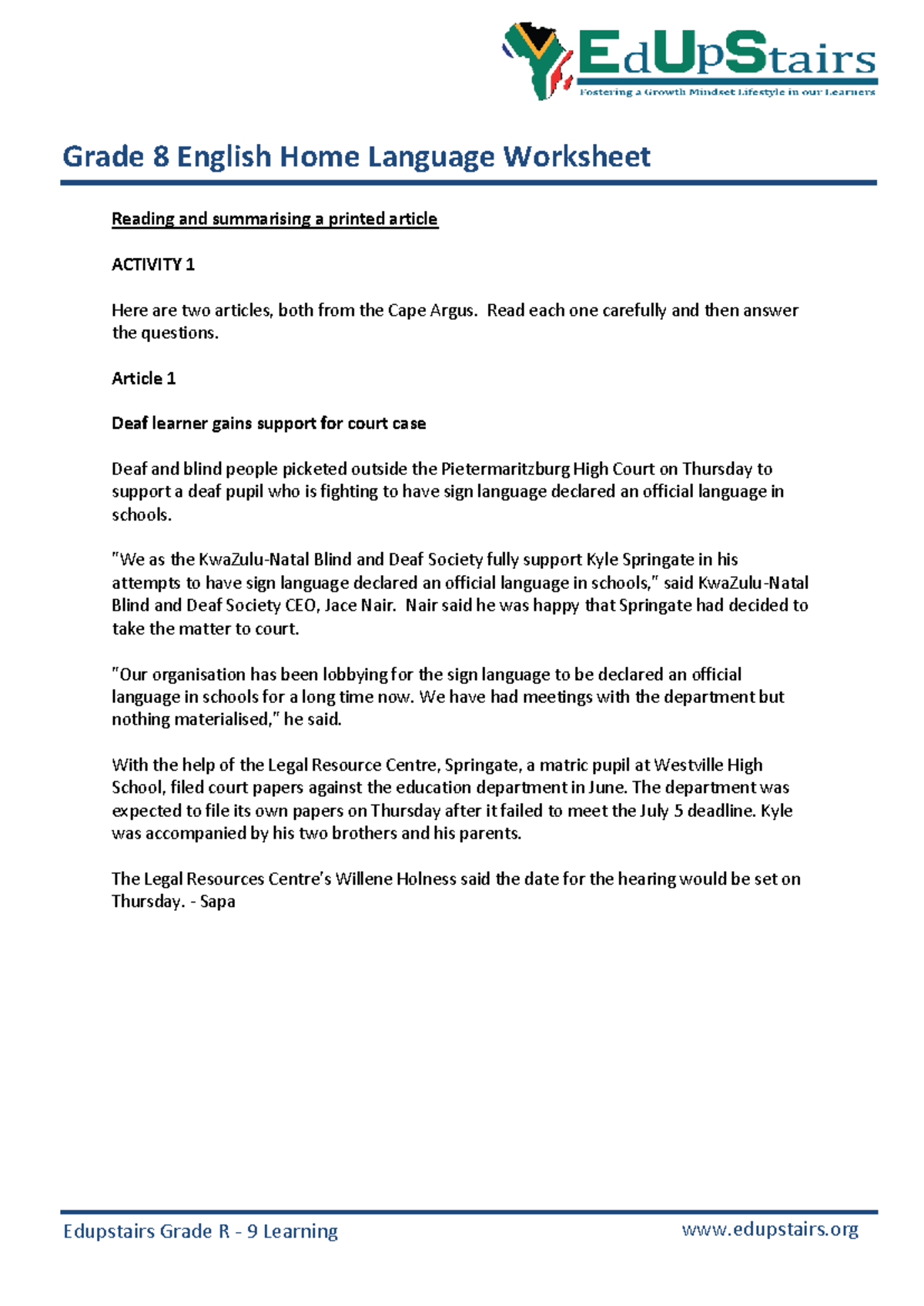 Grade 8 English Home Language Worksheet: Reading & Summarising Articles