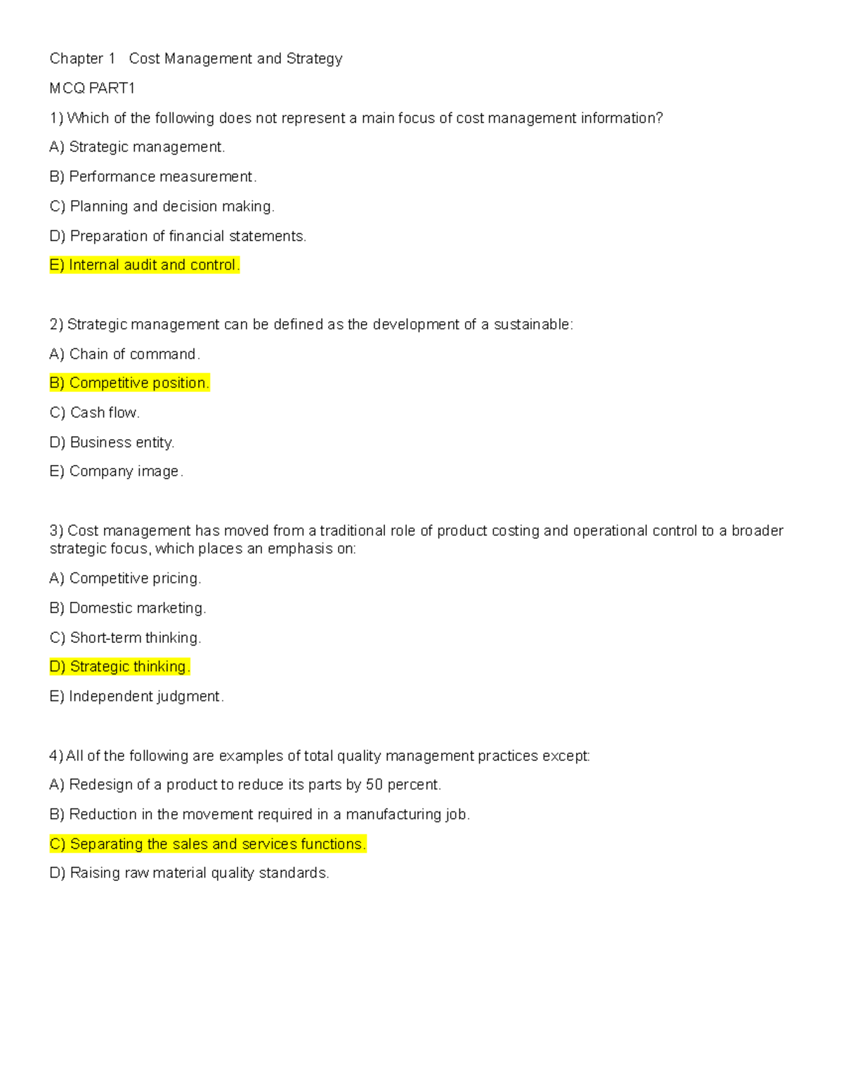 Strategic Management Chapter 1 PART 1 - Chapter 1 Cost Management and ...