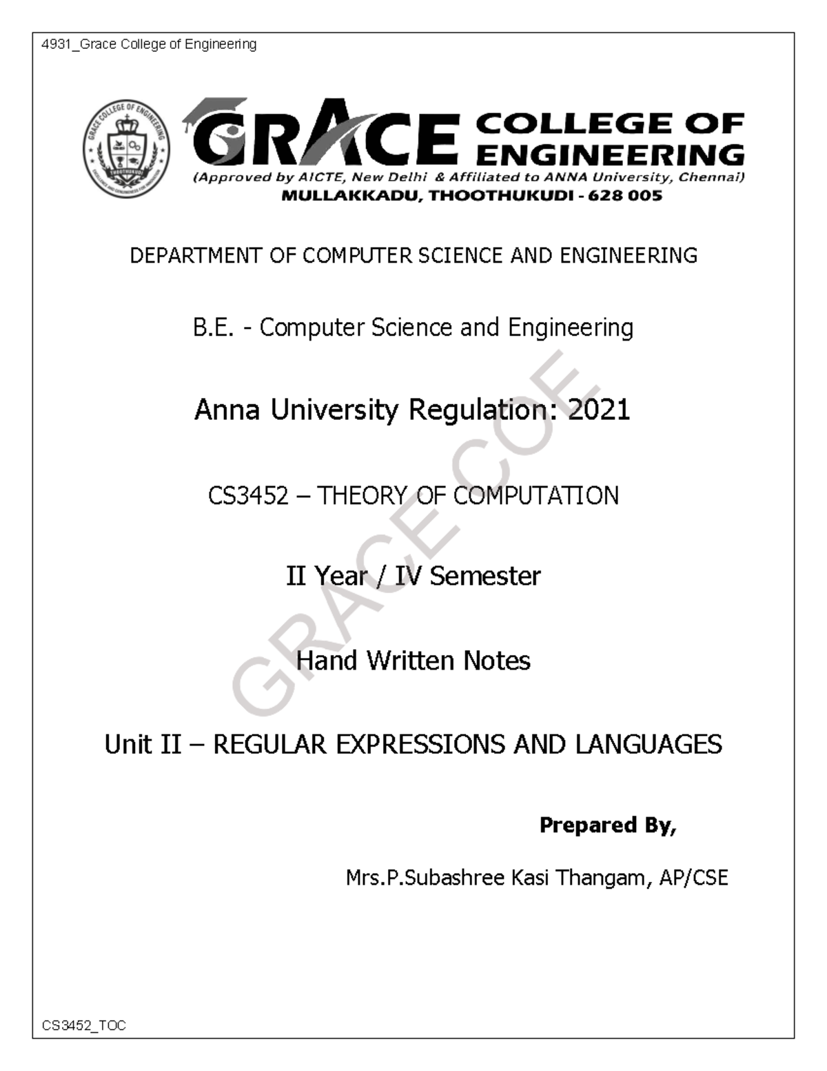 CS3452 Theory of Computation Unit II Handwritten Notes - Studocu