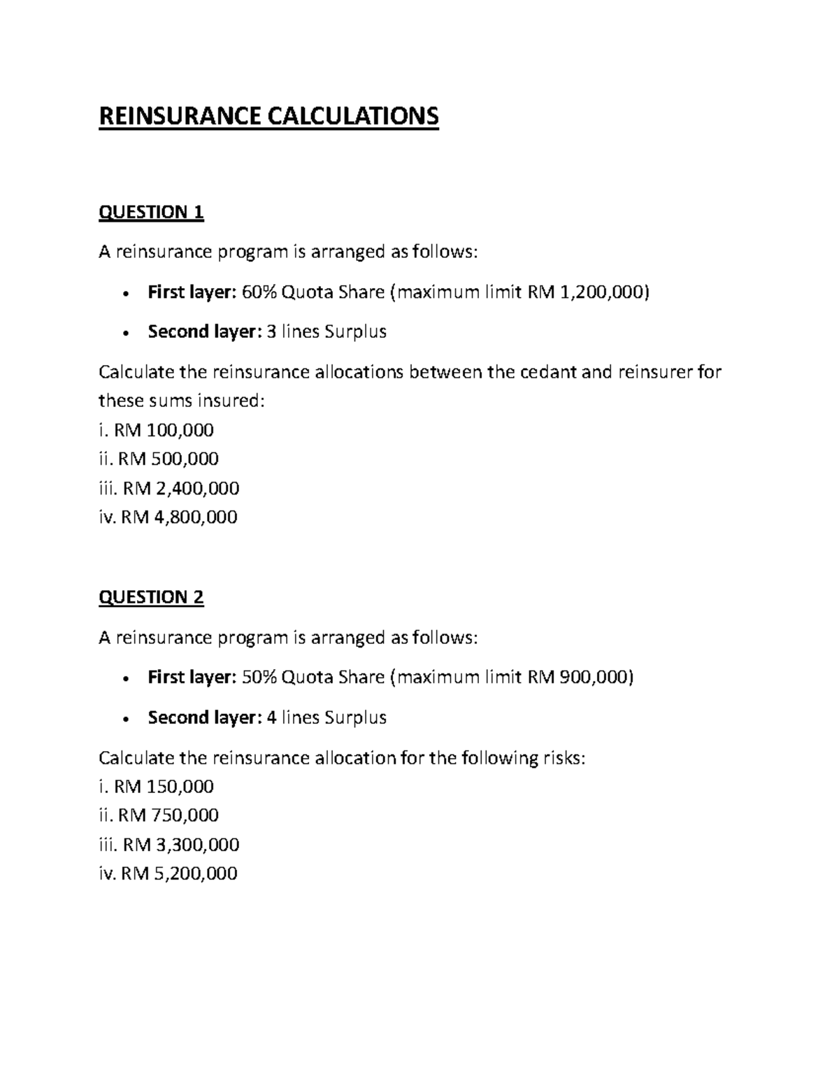 Reinsurance Calculations: Detailed Analysis and Allocations - Studocu