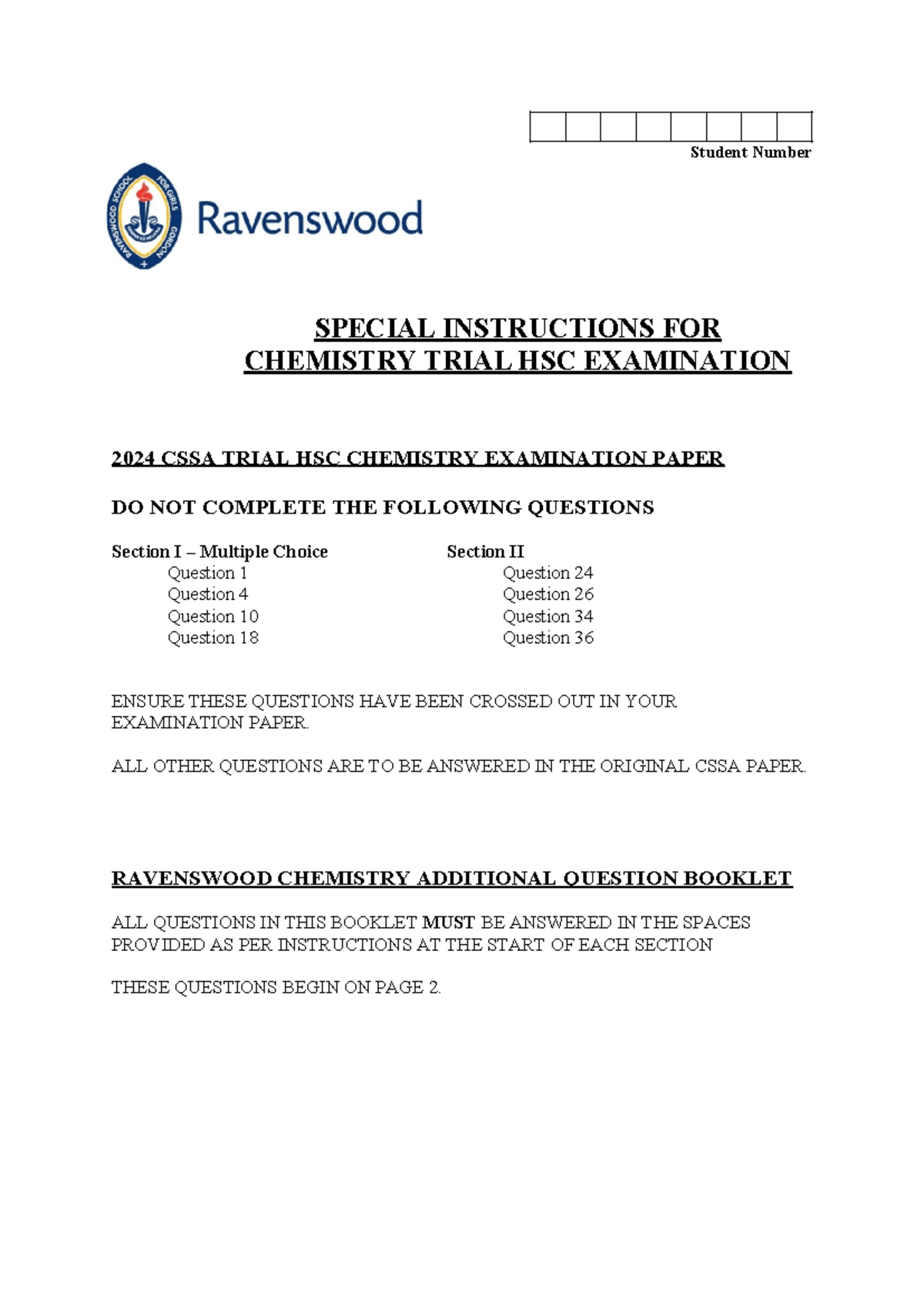 2024 HSC Chemistry Trial Exam Instructions & Additional Questions - Studocu