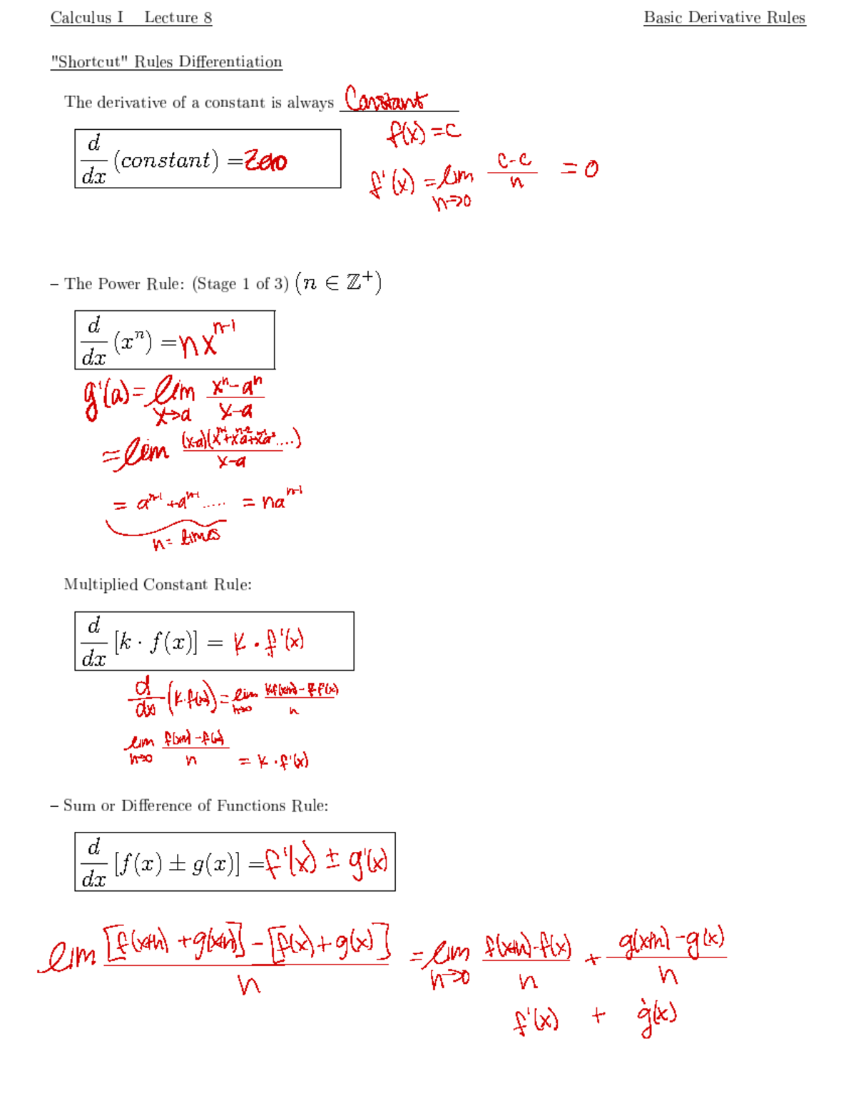 Math 2115 Lecture 8 Basic Derivative Rules - d dx (constant) = (n∈Z+) d ...