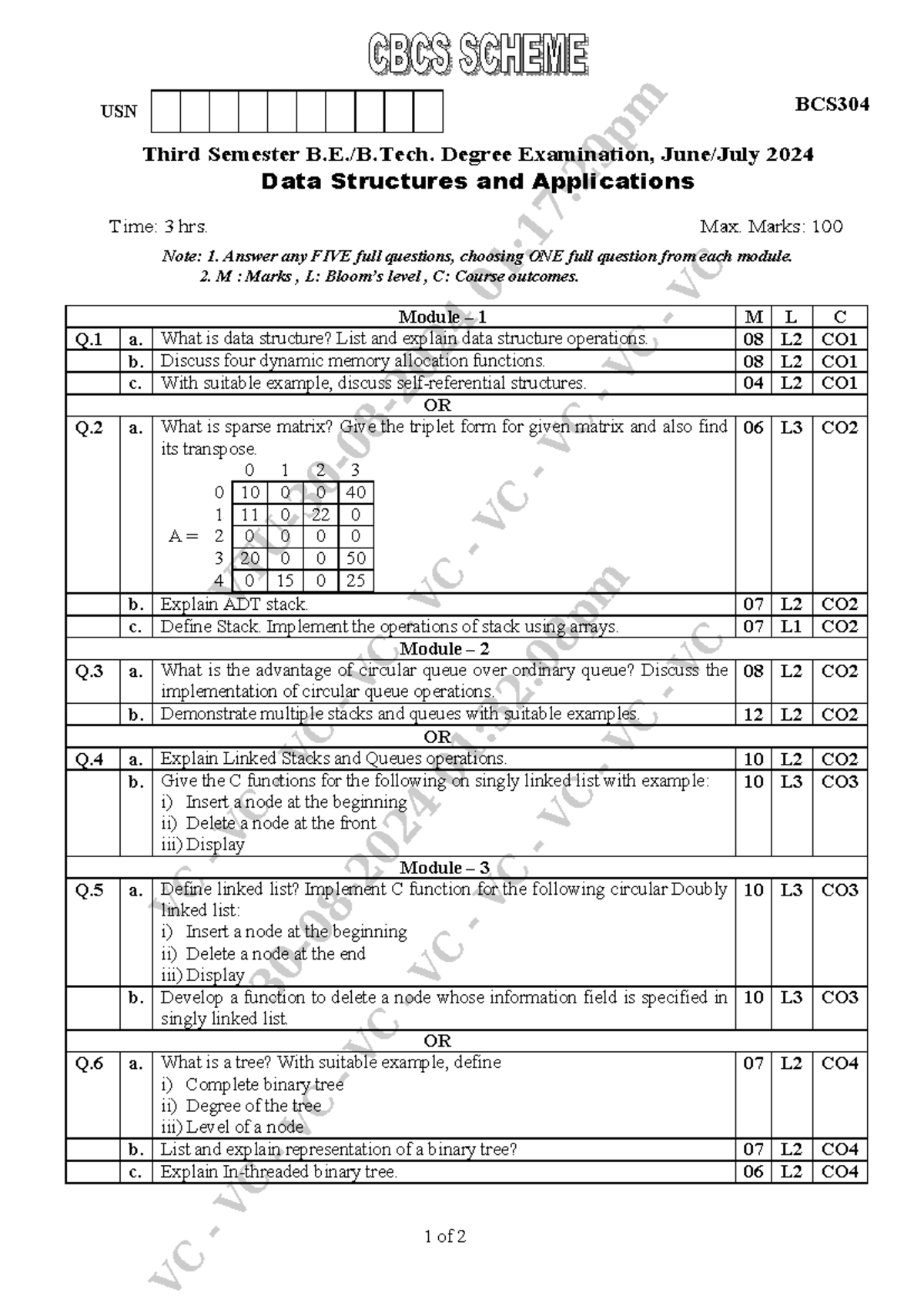 BCS304 Third Semester Exam: Data Structures & Applications 2024 - Studocu