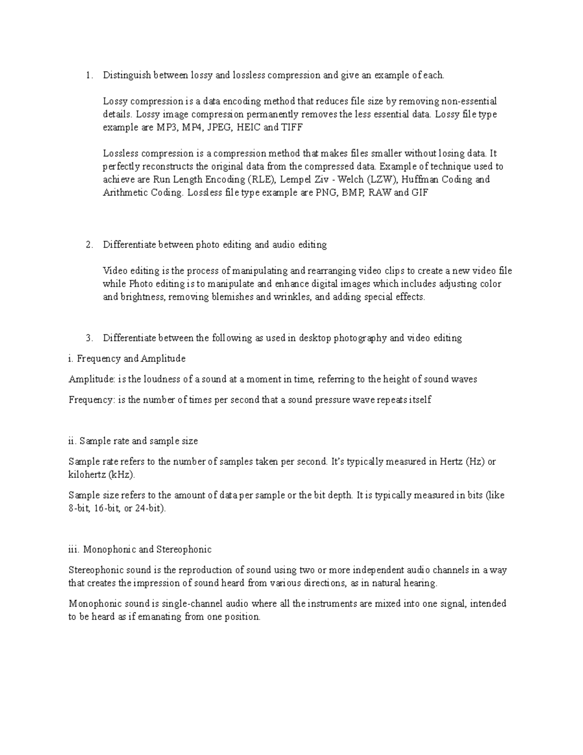 DP & VE CAT 1 Answer - Copy - Distinguish between lossy and lossless ...