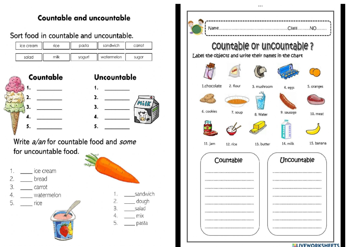 Countable and Uncountable Foods: Class OOL Worksheets #1 - Studocu