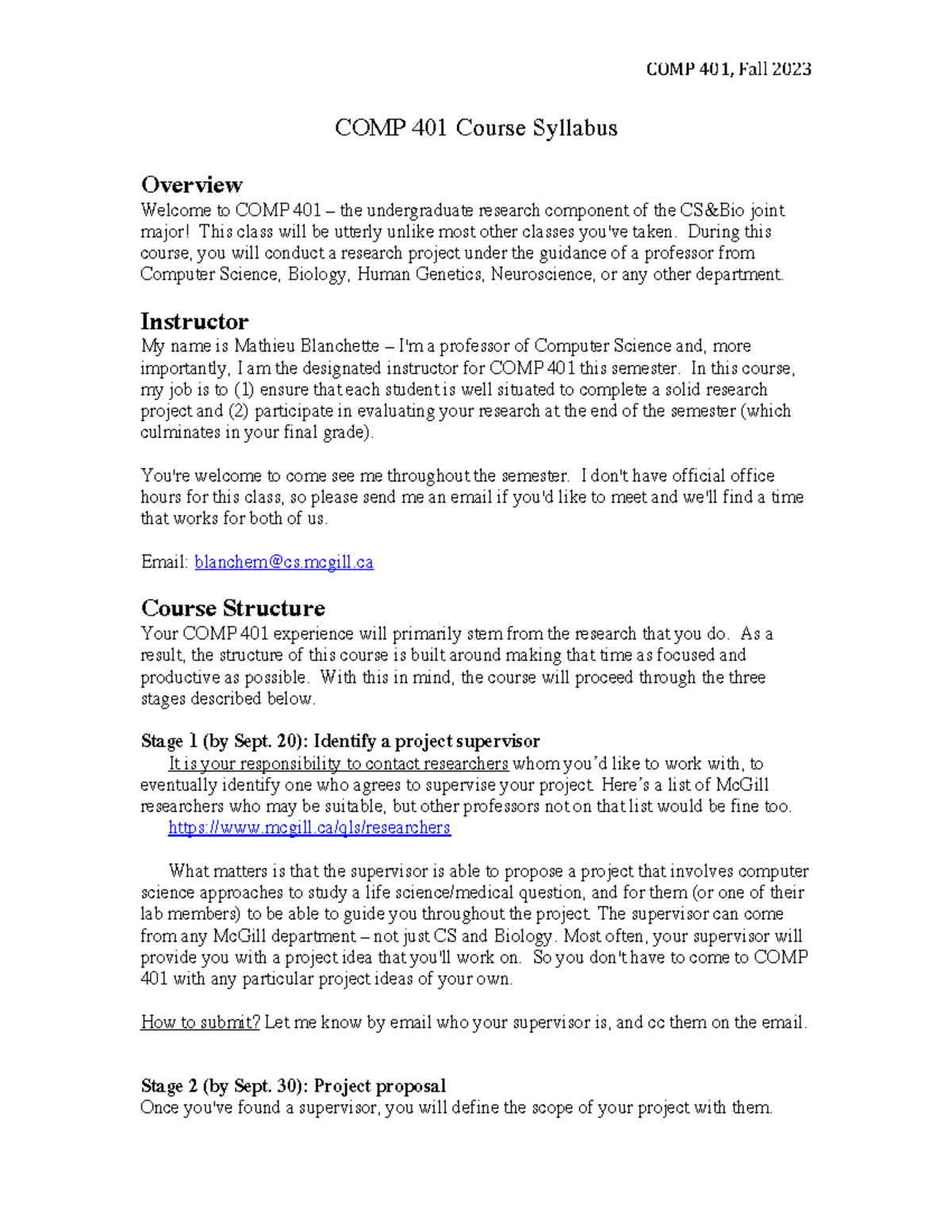 COMP 401, Fall 2023: Comprehensive Course Syllabus Overview - Studocu