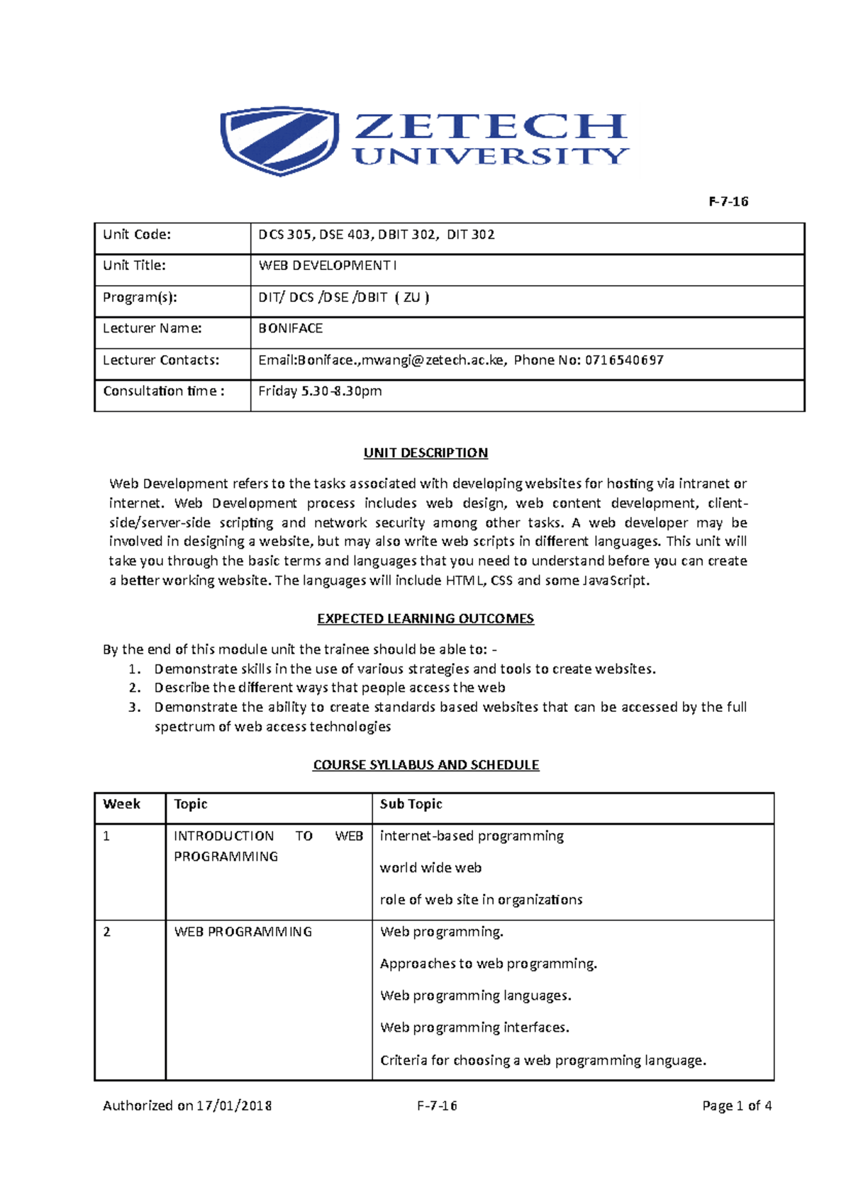 Web Development I Course 00908 Syllabus and Unit Outline - Studocu