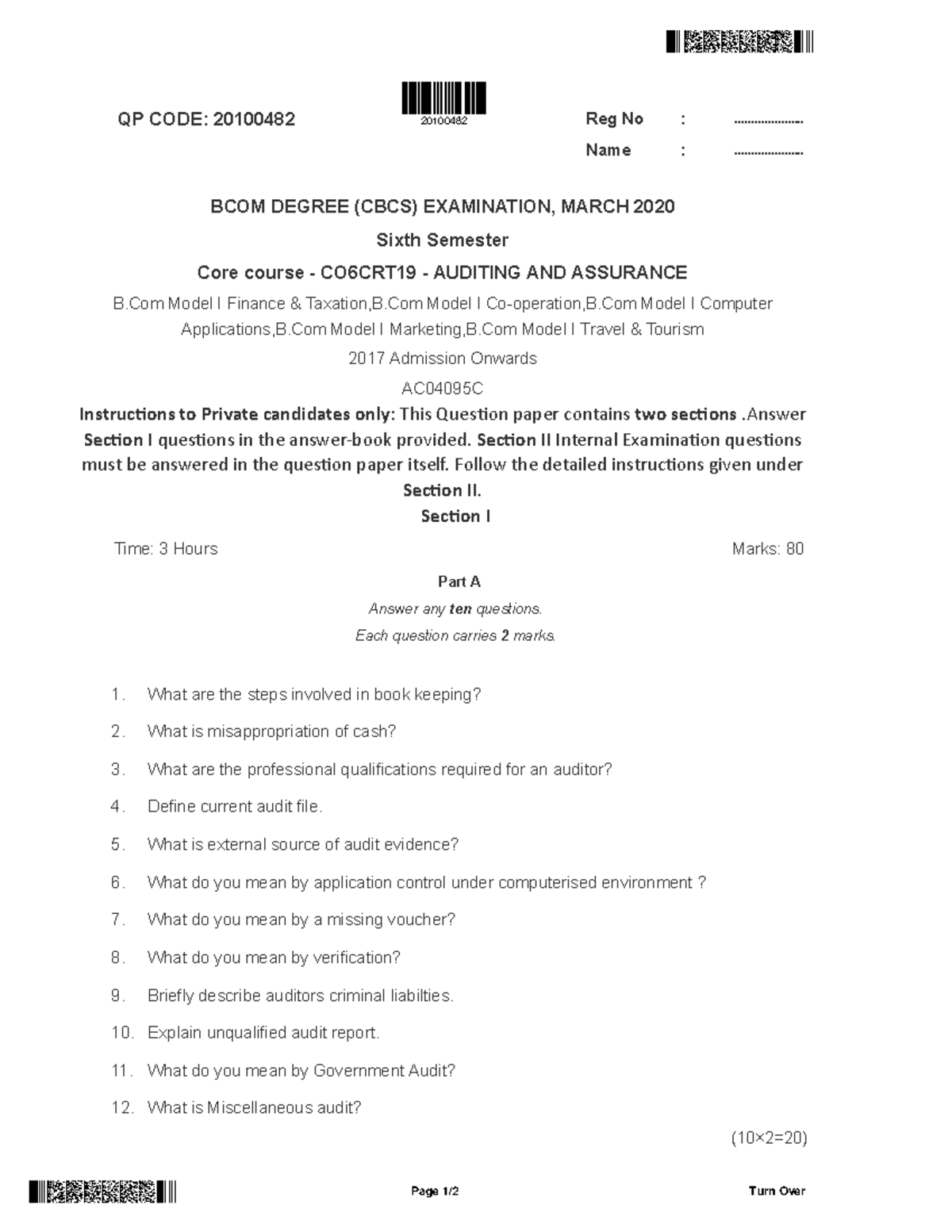 Auditing AND Assurance combined - QP CODE: 20100482 Reg No ...