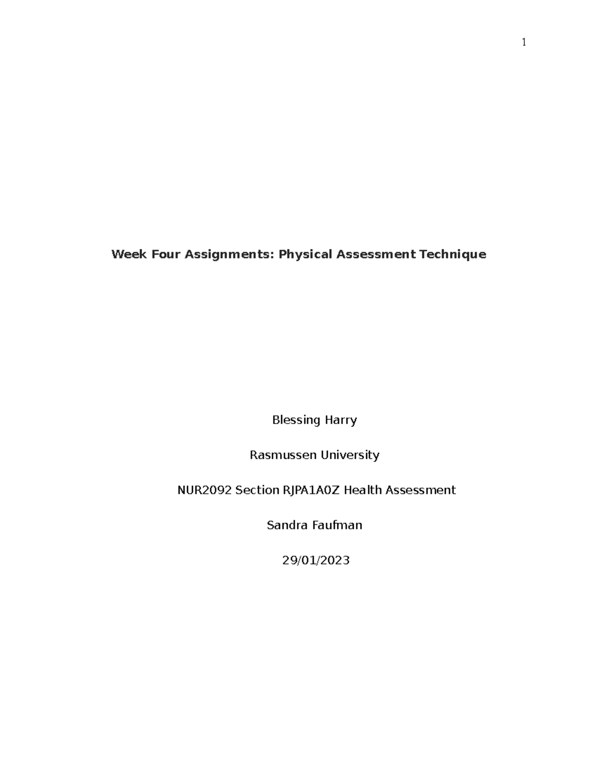 NUR2092 Week 4 Assignments: Key Physical Assessment Techniques - Studocu