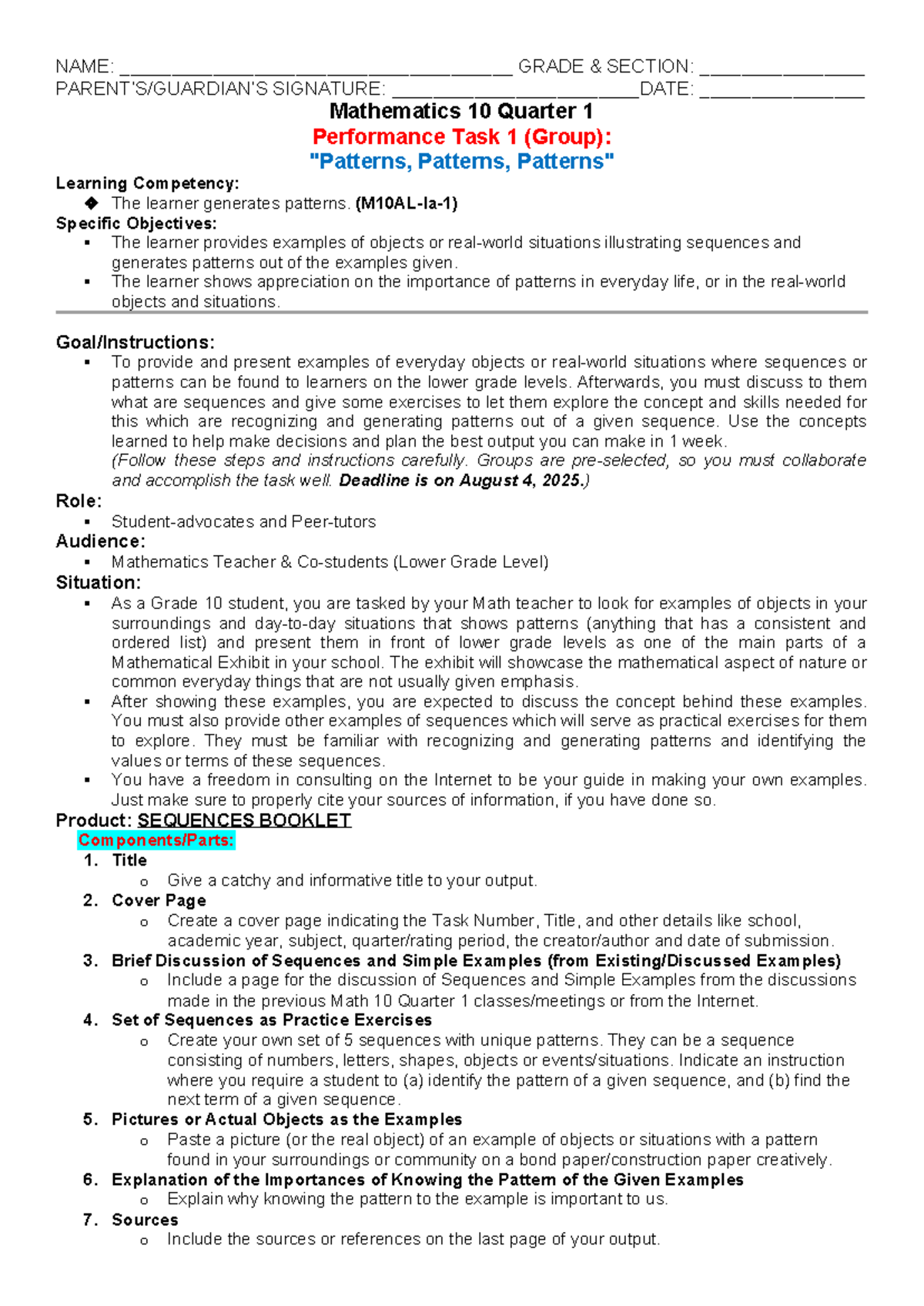Mathematics 10 Q1 - Performance Task 1: Exploring Patterns and ...