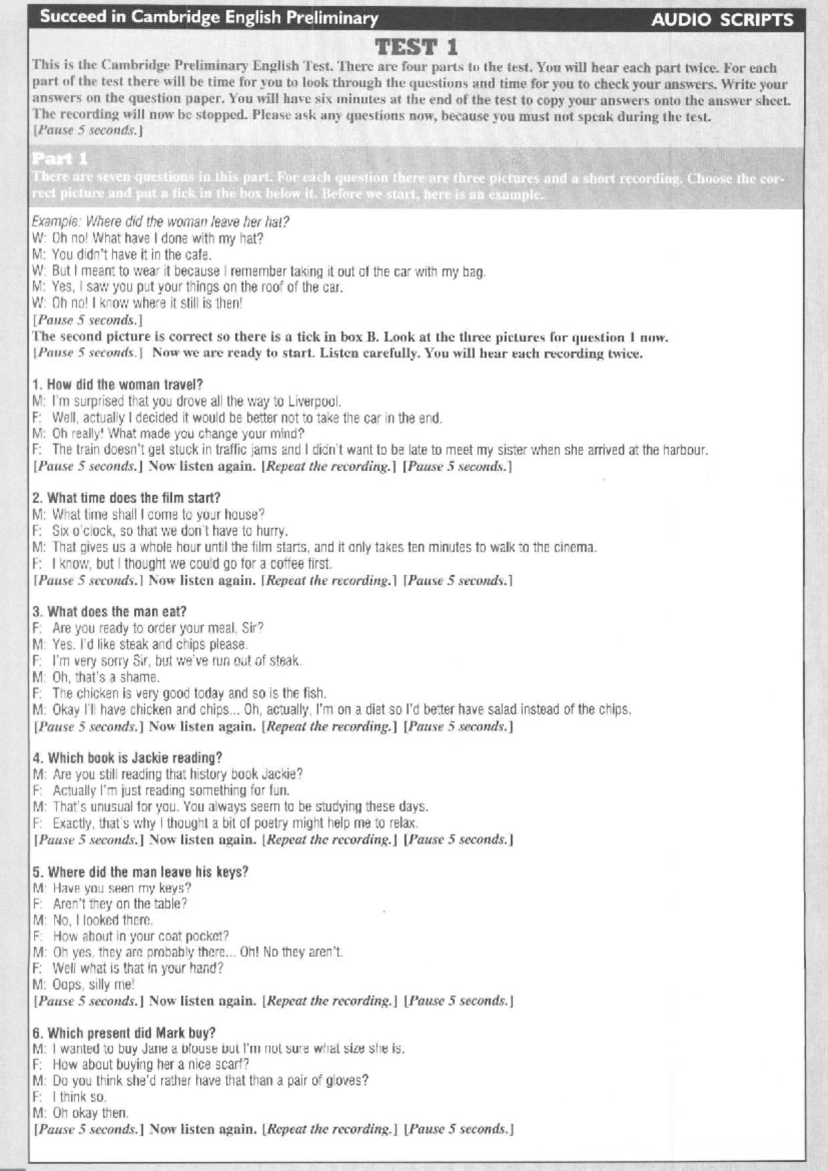 Cambridge English Preliminary Test 1: Audio Scripts & Answers - Studocu