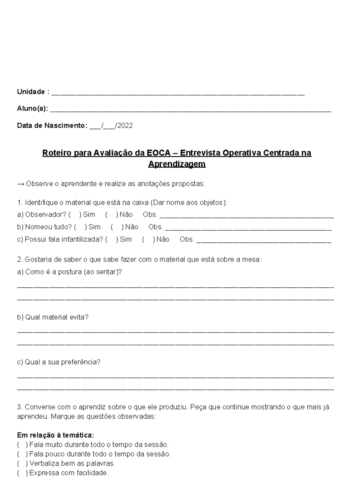 Roteiro para Avaliação da EOCA ...