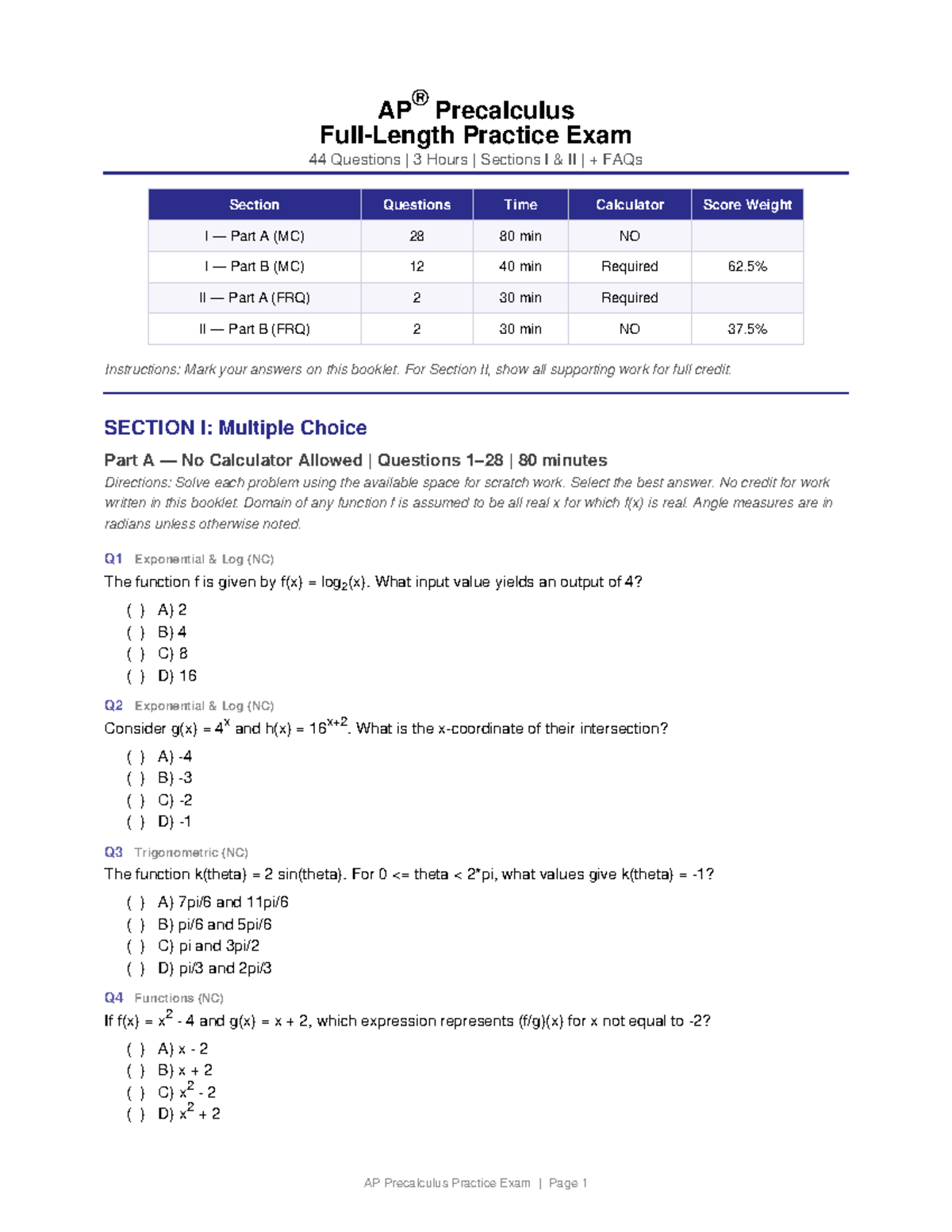 AP Precalculus Practice Exam: 44 Questions with Solutions - Studocu