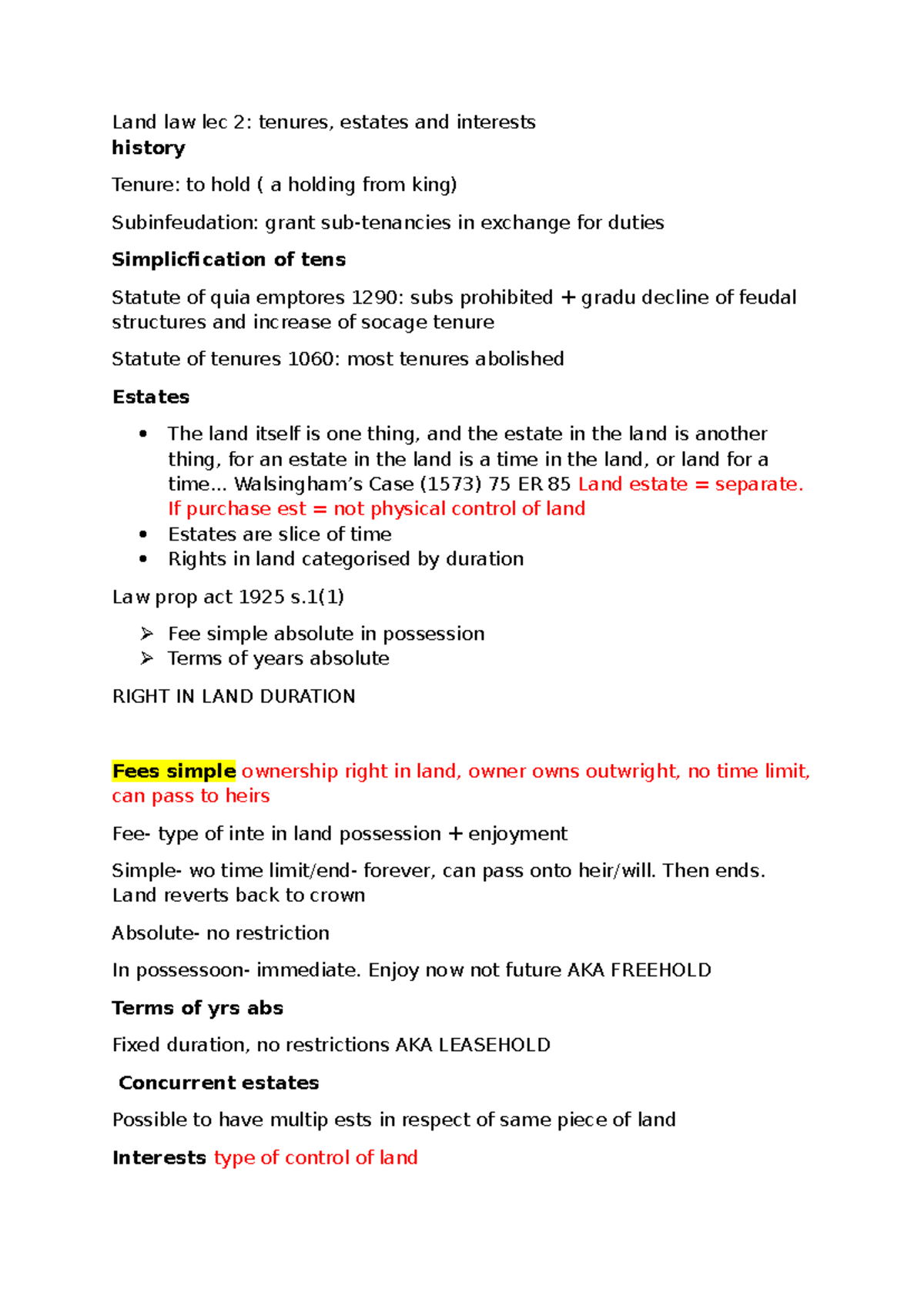 Land law lec 2 - lecture notes with further points and detail - Land ...