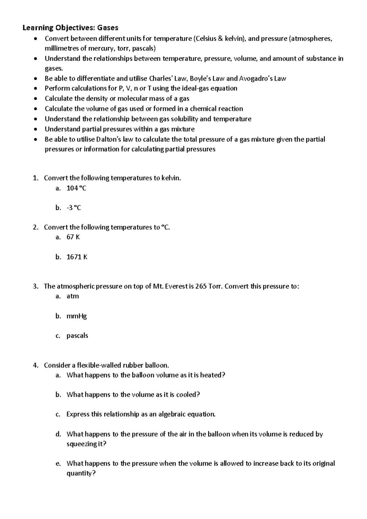 CHEM1010 Gases Worksheet: Key Concepts & Calculations - Studocu