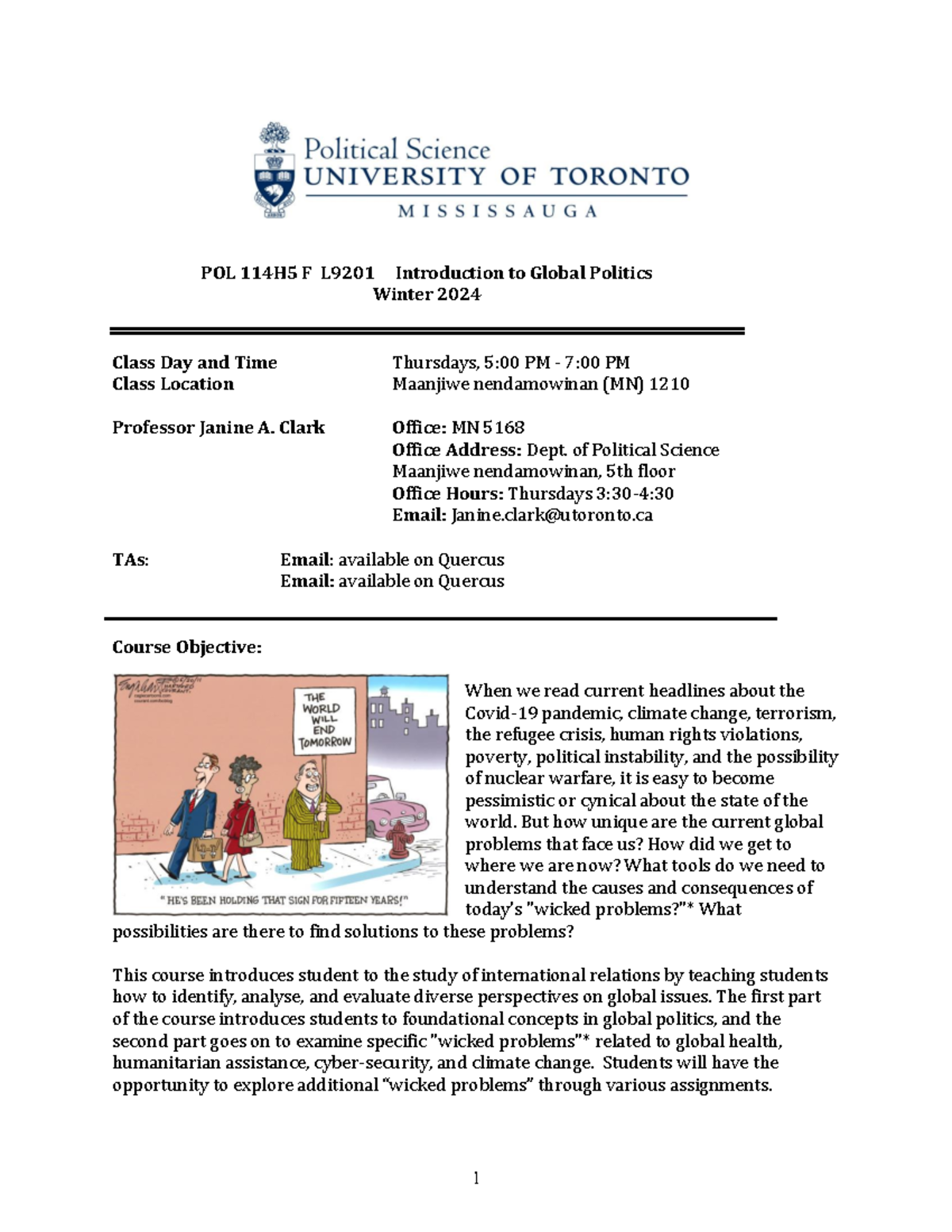 POL 114H5 F L9201 - Introduction to Global Politics Course Outline ...