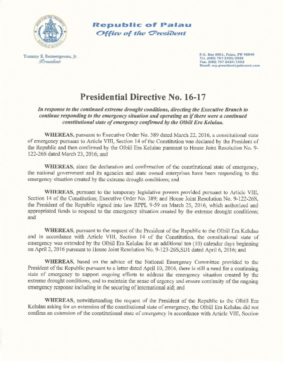 Presidential-Directive-No - OF THE PRESIDENT Republic of Palau Office ...