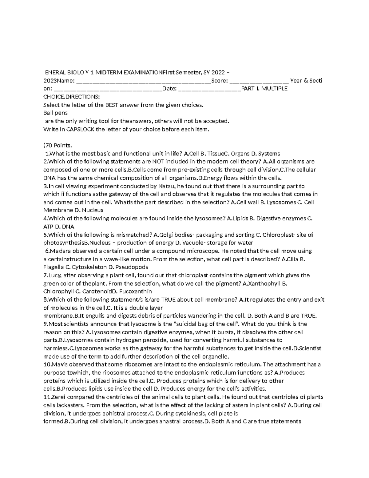 GENERAL BIOLOGY 1 MIDTERM EXAM REVIEW SY 2022-2023 - Studocu