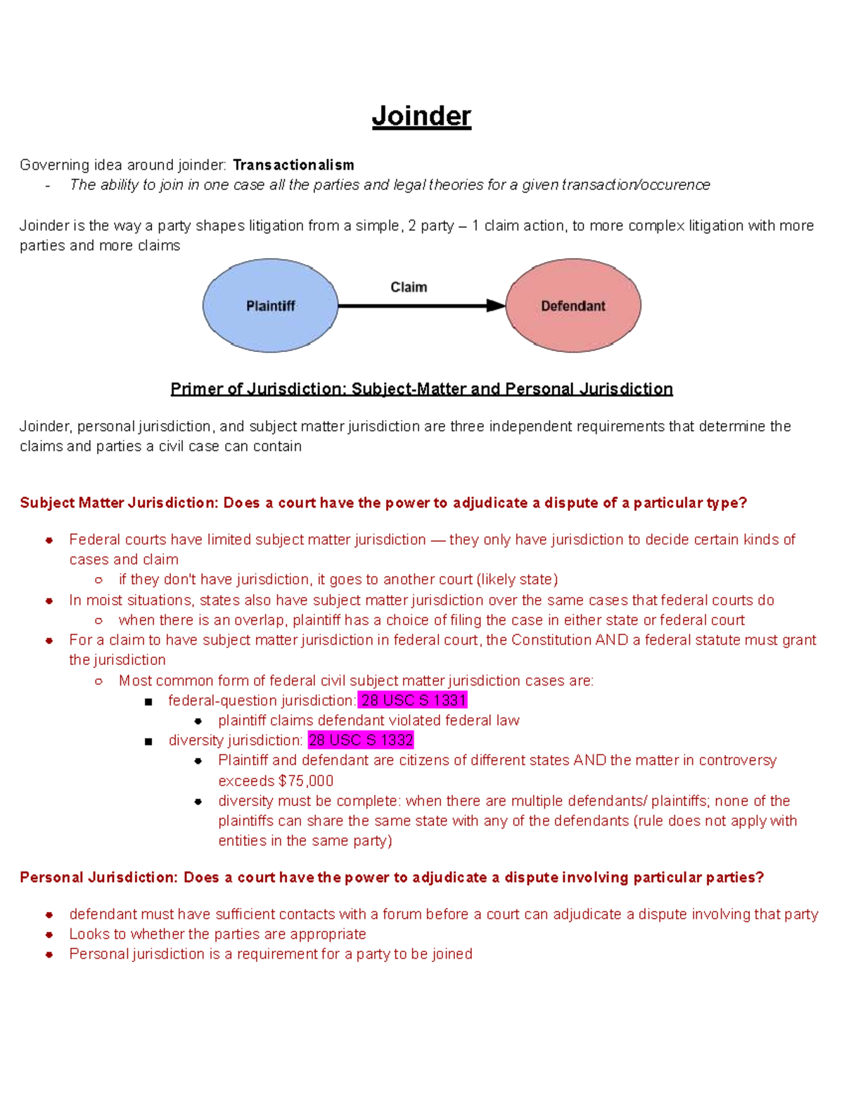 Civil Procedure 1: Joinder, Jurisdiction, and Claims Overview - Studocu
