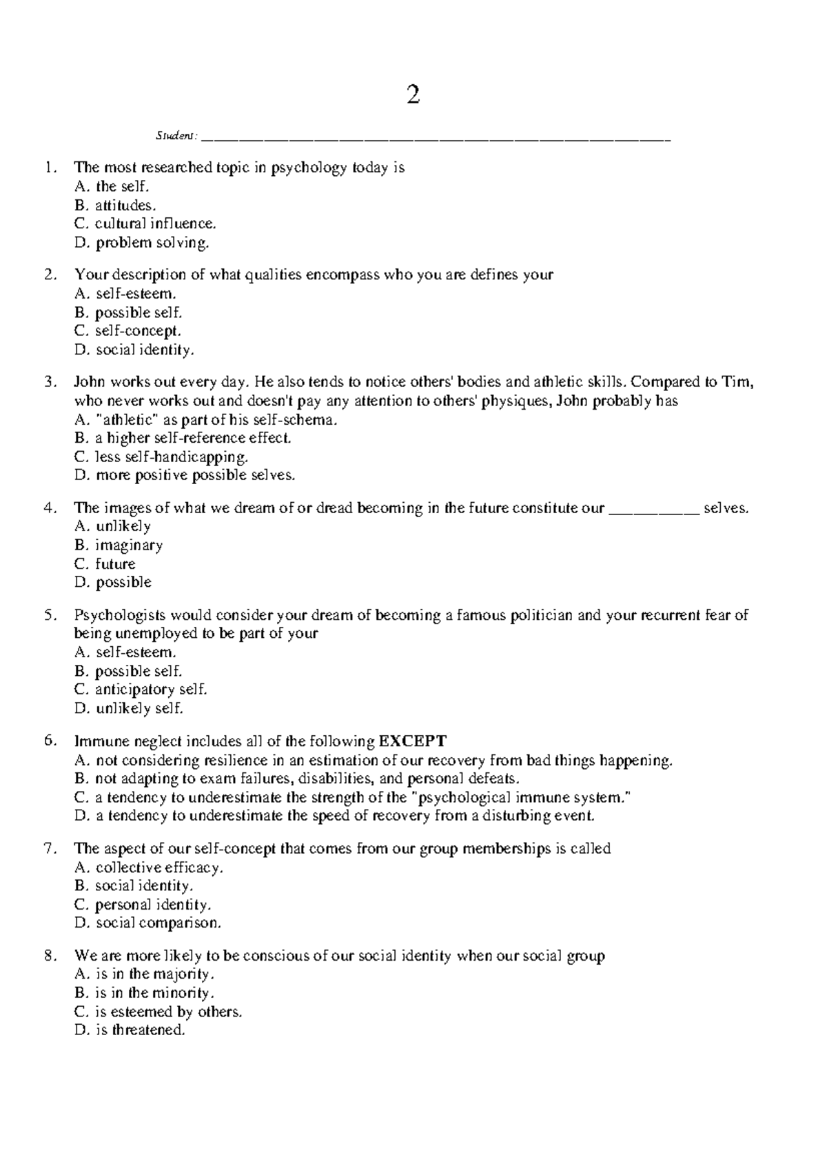 Psychology 101: Chapter 2 Review Questions on Self-Concept - Studocu