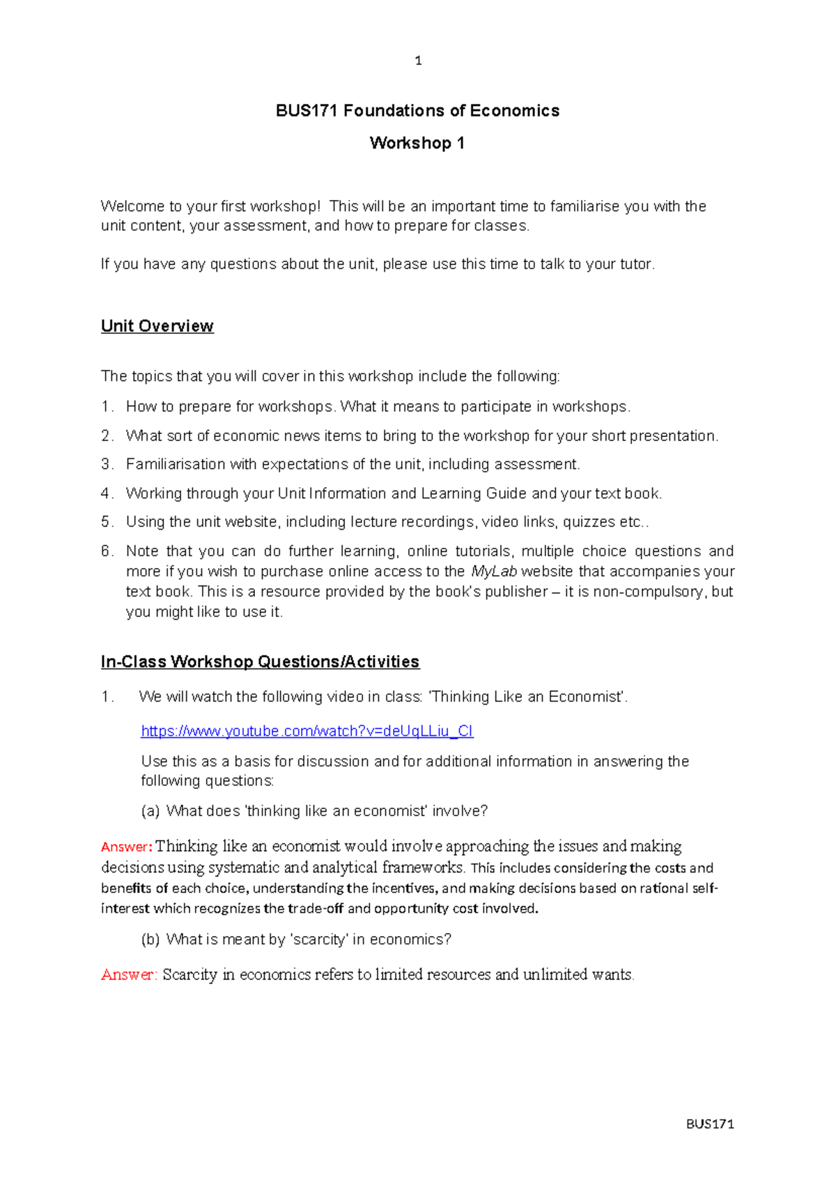 BUS171 Foundations of Economics Workshop 1 Overview and Key Concepts ...