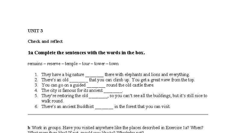 UNIT 3 Check and Reflect: Sentence Completion & Discussion Activities ...