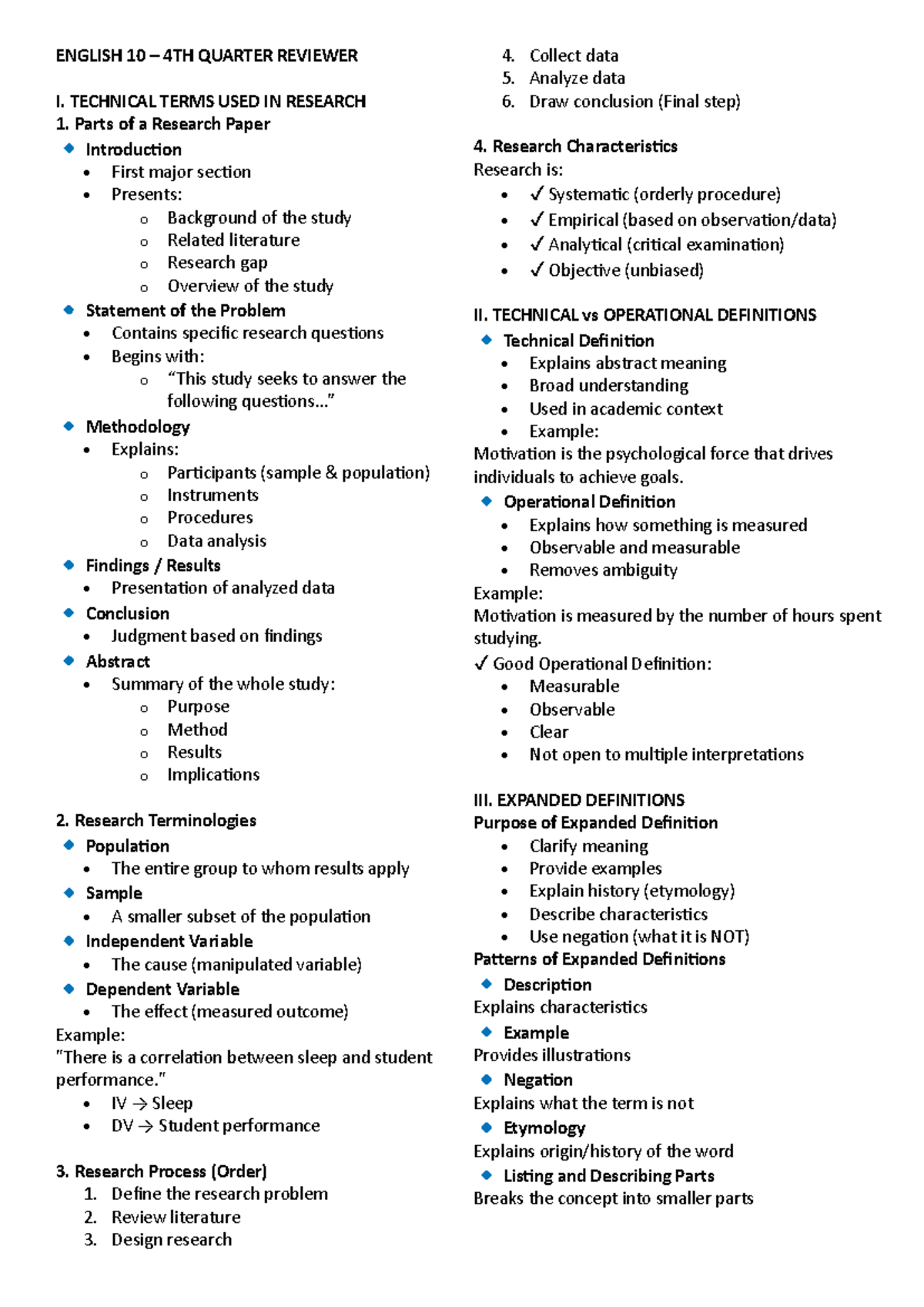 ENGLISH 10 4TH QUARTER REVIEWER: RESEARCH TERMINOLOGY & PROCESS - Studocu