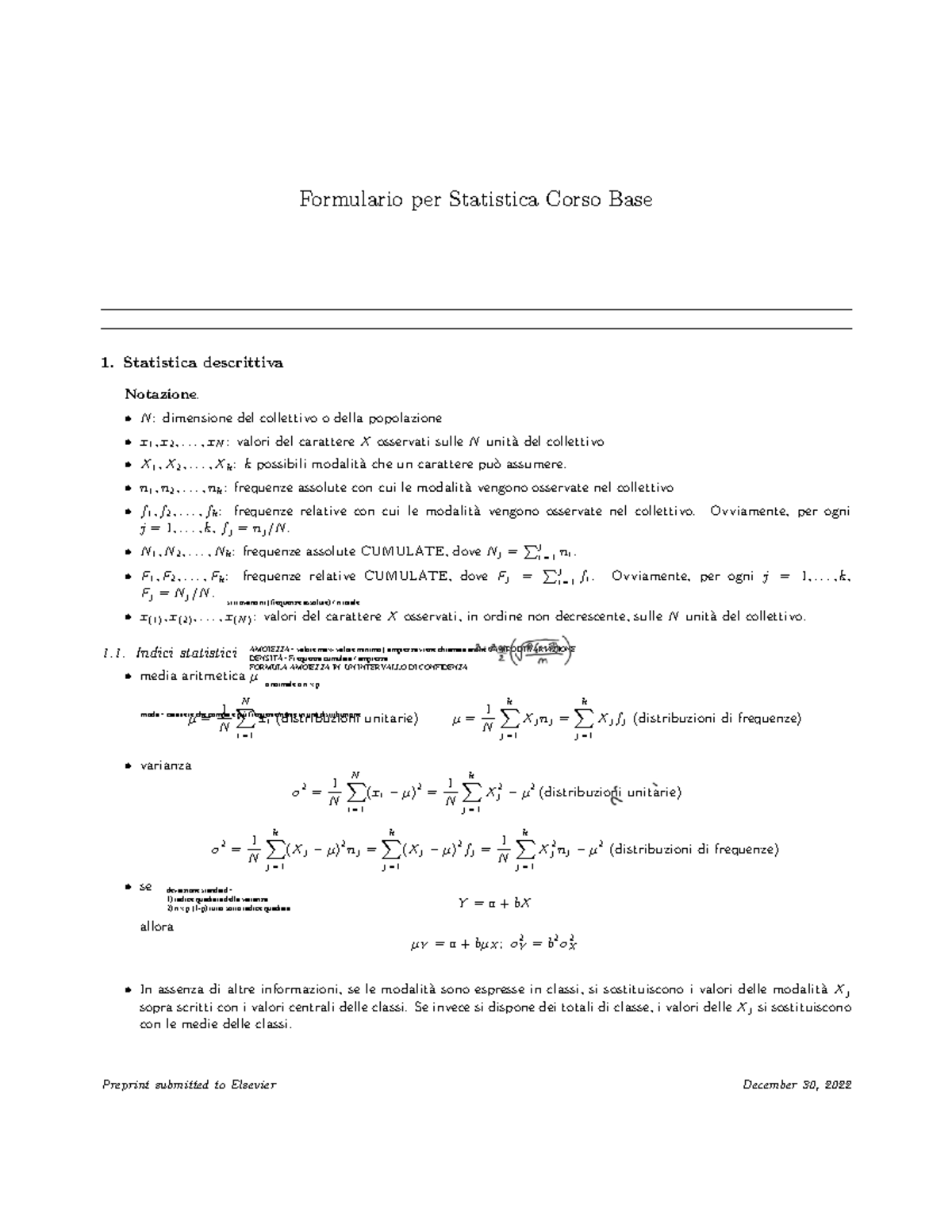 Formulario Statistica Corso Base 1: Statistica Descrittiva e Indici ...